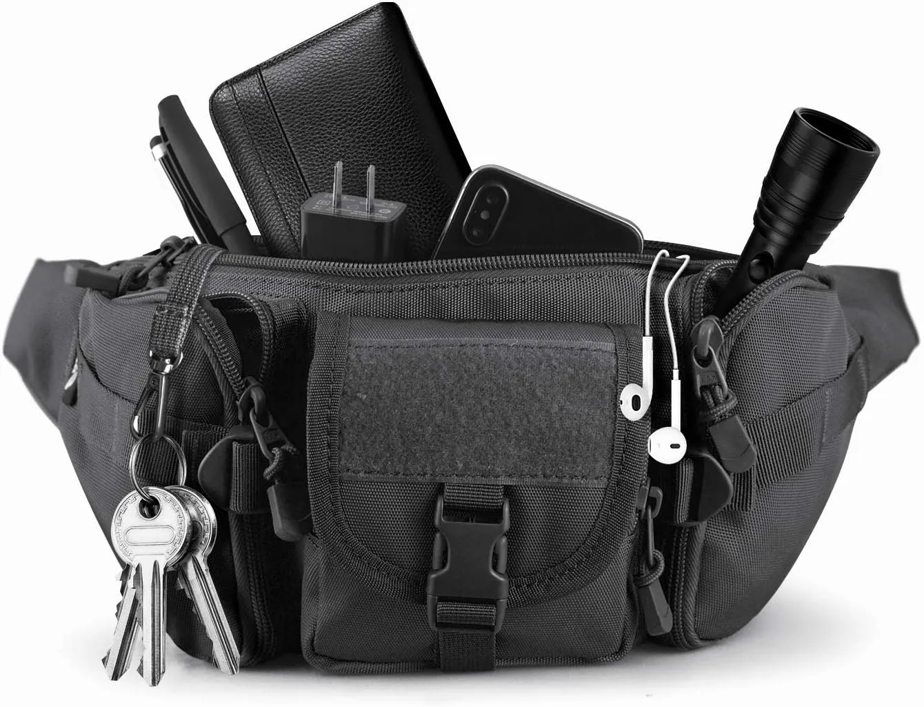 Tactical Fanny Pack Military Waist Bag Pack with USA Flag Patch Utility Hip Pack with Adjustable Strap for Outdoors Fishing Cycling Camping Hiking Dog Walking (Black)