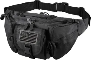 Tactical Fanny Pack Military Waist Bag Pack with USA Flag Patch Utility Hip Pack with Adjustable Strap for Outdoors Fishing Cycling Camping Hiking Dog Walking (Black)