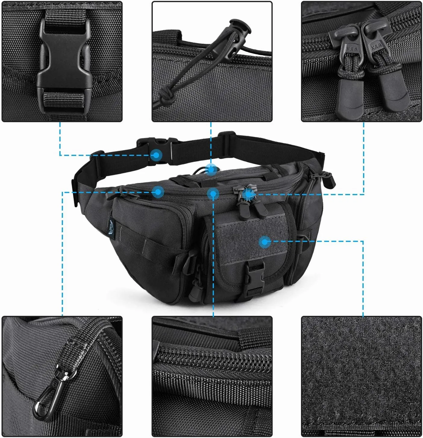 Tactical Fanny Pack Military Waist Bag Pack with USA Flag Patch Utility Hip Pack with Adjustable Strap for Outdoors Fishing Cycling Camping Hiking Dog Walking (Black)