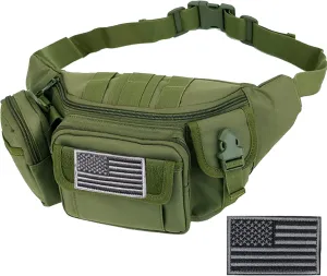 Tactical Fanny Packs, Military Waist Bag Utility Hip Belt Bags for Hiking Climbing Fishing Cycling Hunting with U.S Patch (Green)