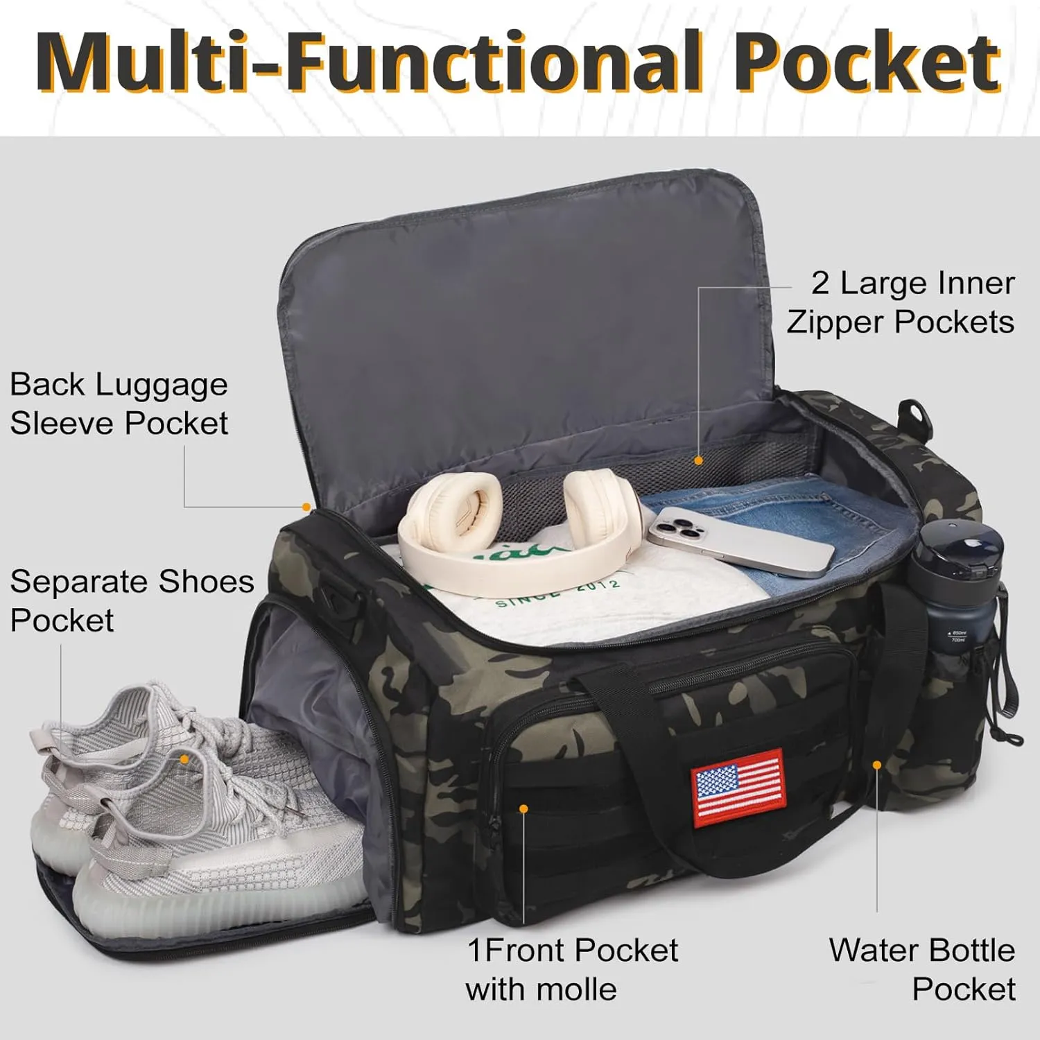 Tactical Gym Bag For Men, 40L Large Capacity Duffle Bags With Shoes Compartment, Sports Bag With Wet Compartment, Multi-Functional Weekend Bags Suitable For Travel, Camping,Hiking