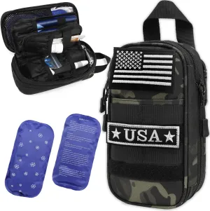 Tactical Insulin Cooler Travel Case - Expandable Insulated Diabetic Bag with 2 x 180g Ice Packs, Medication Cooler Bag for Insulin Pens and Blood Glucose Monitor Supplies (Black Camo)