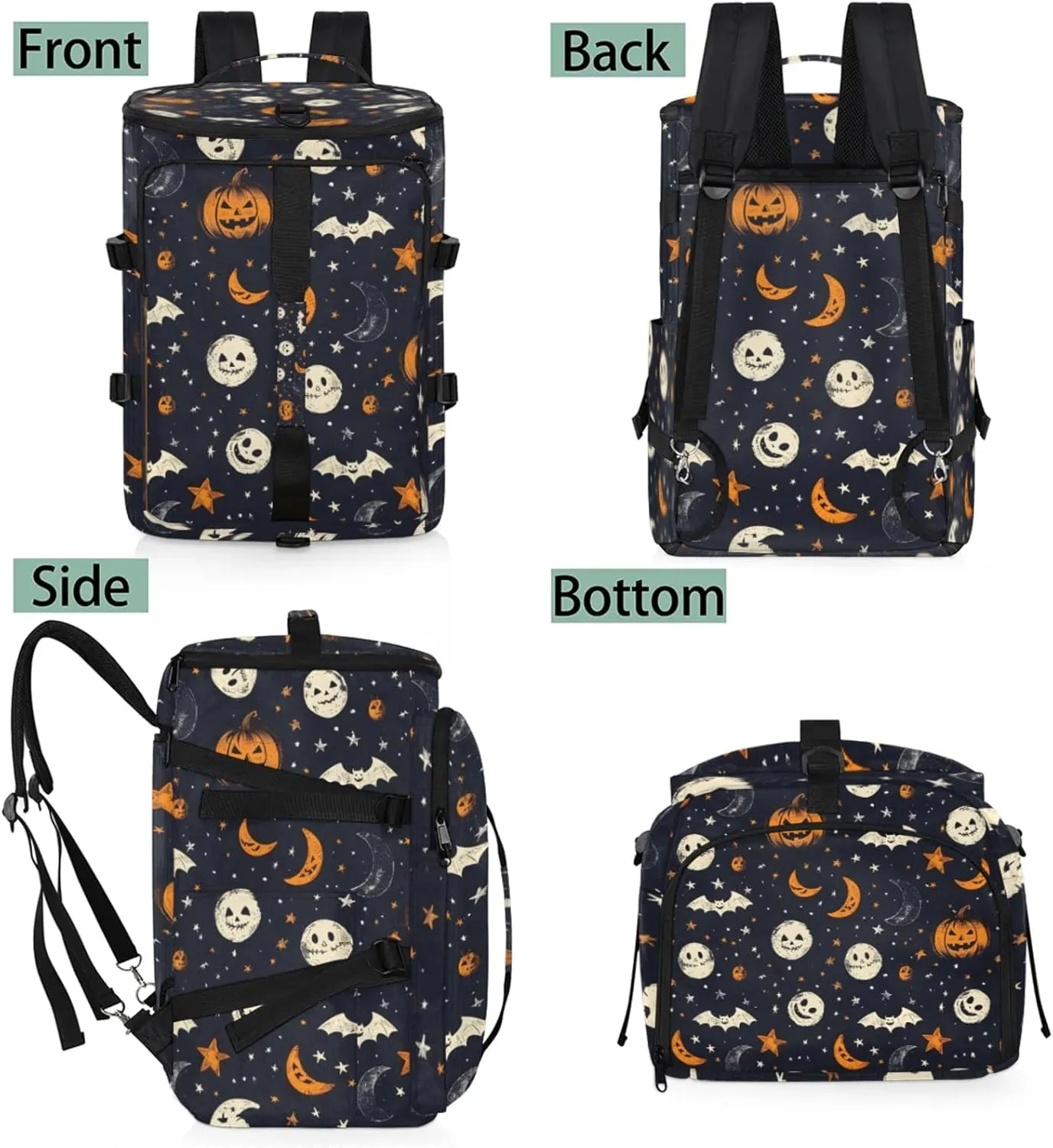 Tactical Sports Duffle Bag for Travel Waterproof Gym Bag with Shoe Compartment 48L Carry On Luggage for Men & Women 3-in-1 Durable Travel Luggage Bats Moon Pumpkin