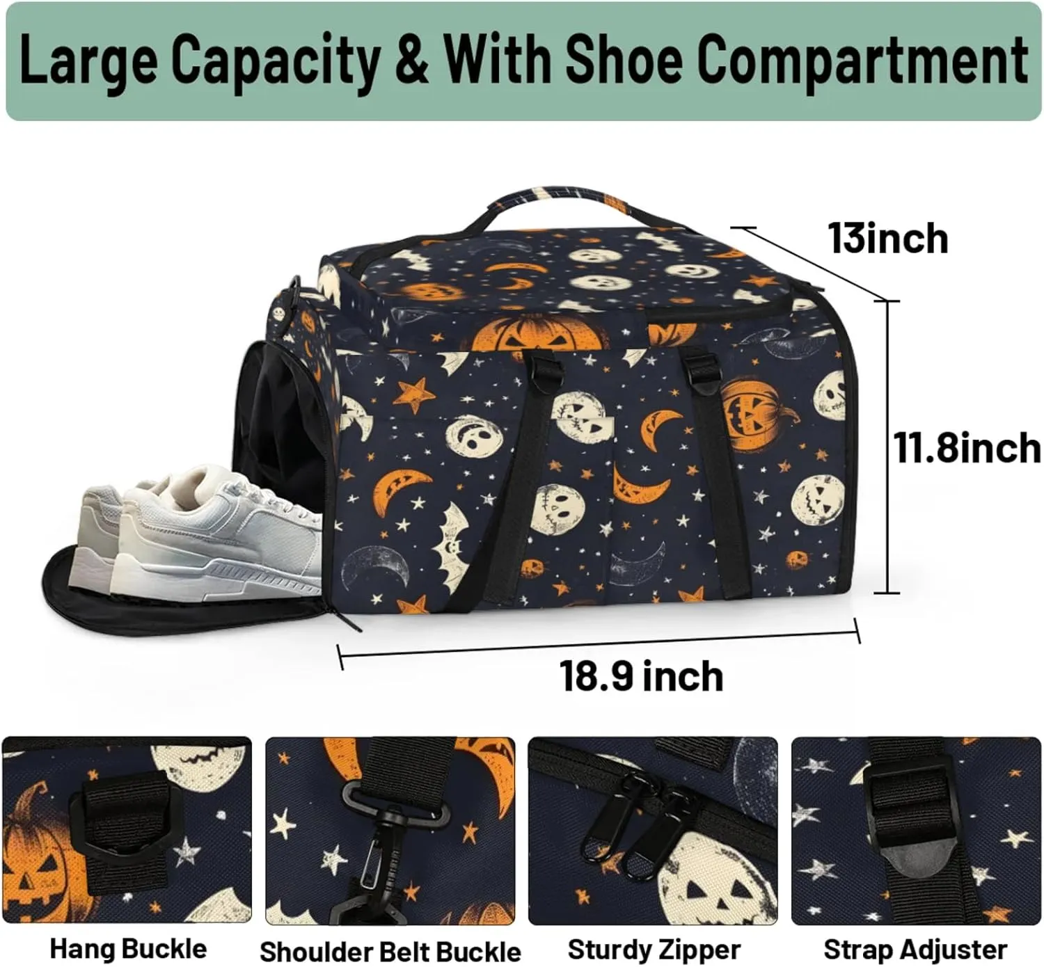 Tactical Sports Duffle Bag for Travel Waterproof Gym Bag with Shoe Compartment 48L Carry On Luggage for Men & Women 3-in-1 Durable Travel Luggage Bats Moon Pumpkin