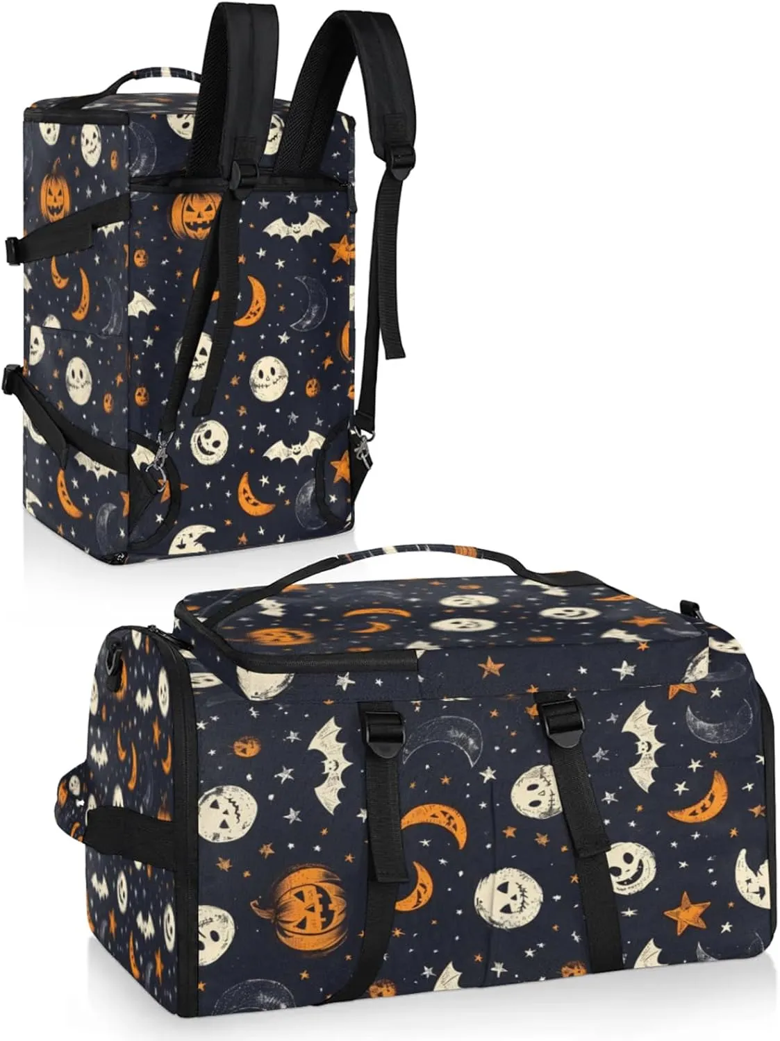 Tactical Sports Duffle Bag for Travel Waterproof Gym Bag with Shoe Compartment 48L Carry On Luggage for Men & Women 3-in-1 Durable Travel Luggage Bats Moon Pumpkin