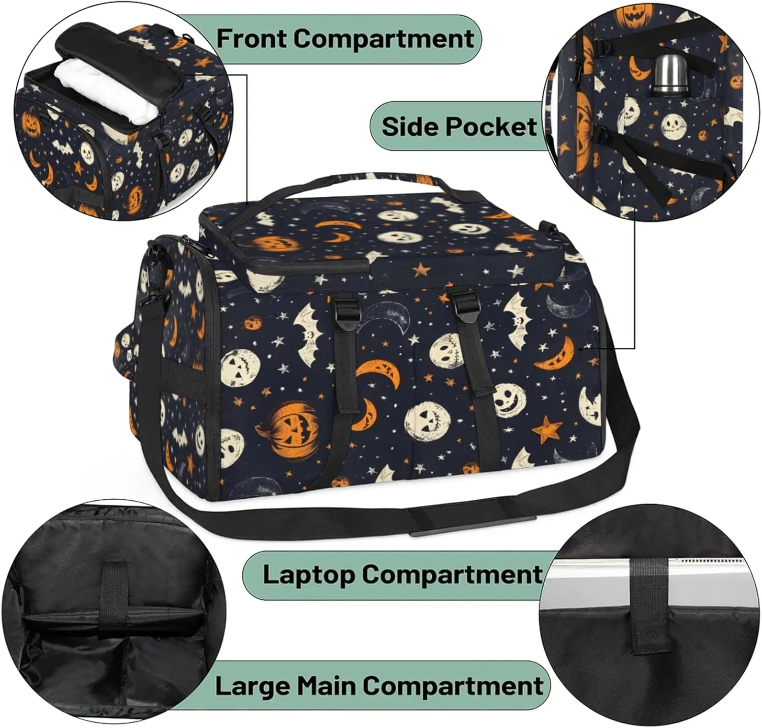 Tactical Sports Duffle Bag for Travel Waterproof Gym Bag with Shoe Compartment 48L Carry On Luggage for Men & Women 3-in-1 Durable Travel Luggage Bats Moon Pumpkin