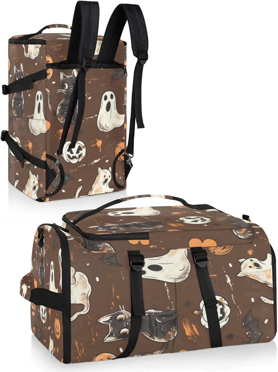Tactical Sports Duffle Bag for Travel Waterproof Gym Bag with Shoe Compartment 48L Carry On Luggage for Men & Women 3-in-1 Durable Travel Luggage Cats Pumpkin Ghosts