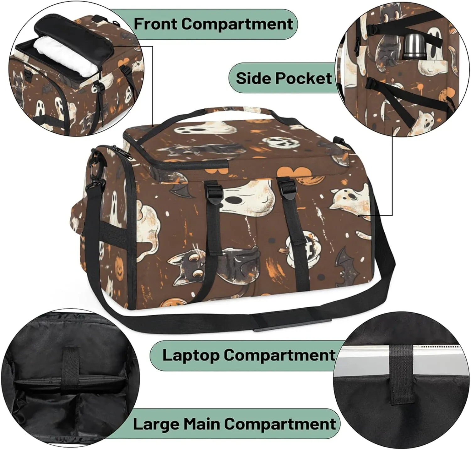 Tactical Sports Duffle Bag for Travel Waterproof Gym Bag with Shoe Compartment 48L Carry On Luggage for Men & Women 3-in-1 Durable Travel Luggage Cats Pumpkin Ghosts