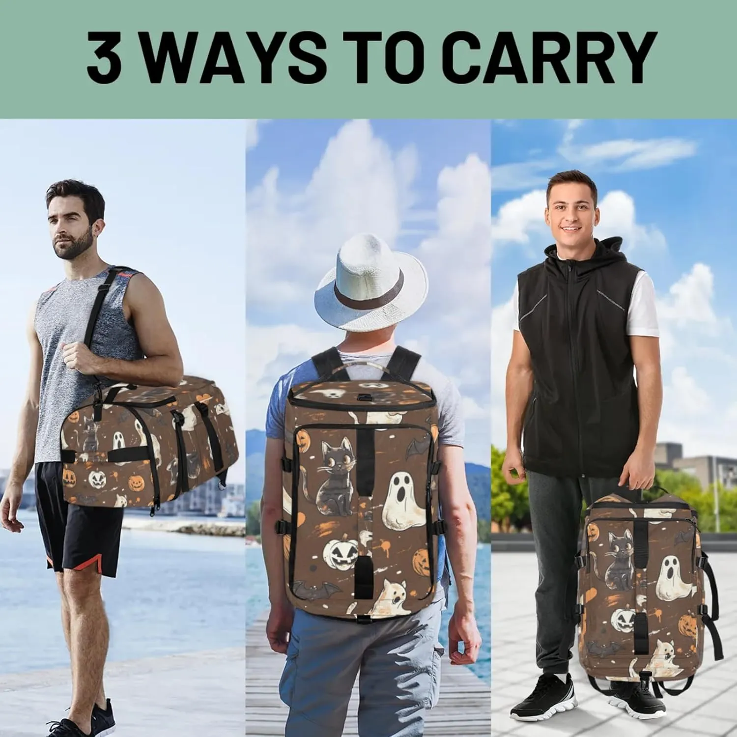 Tactical Sports Duffle Bag for Travel Waterproof Gym Bag with Shoe Compartment 48L Carry On Luggage for Men & Women 3-in-1 Durable Travel Luggage Cats Pumpkin Ghosts