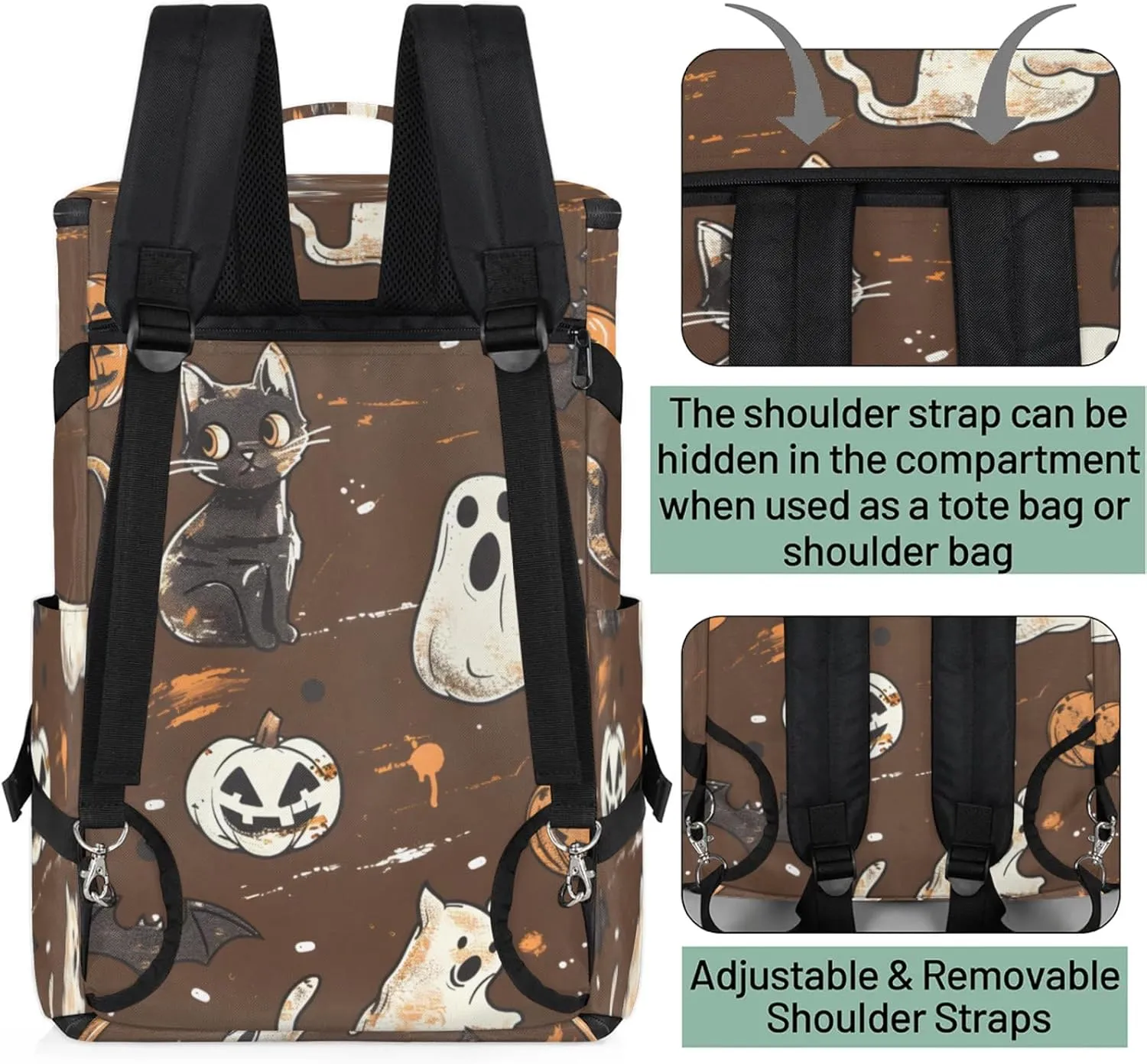 Tactical Sports Duffle Bag for Travel Waterproof Gym Bag with Shoe Compartment 48L Carry On Luggage for Men & Women 3-in-1 Durable Travel Luggage Cats Pumpkin Ghosts