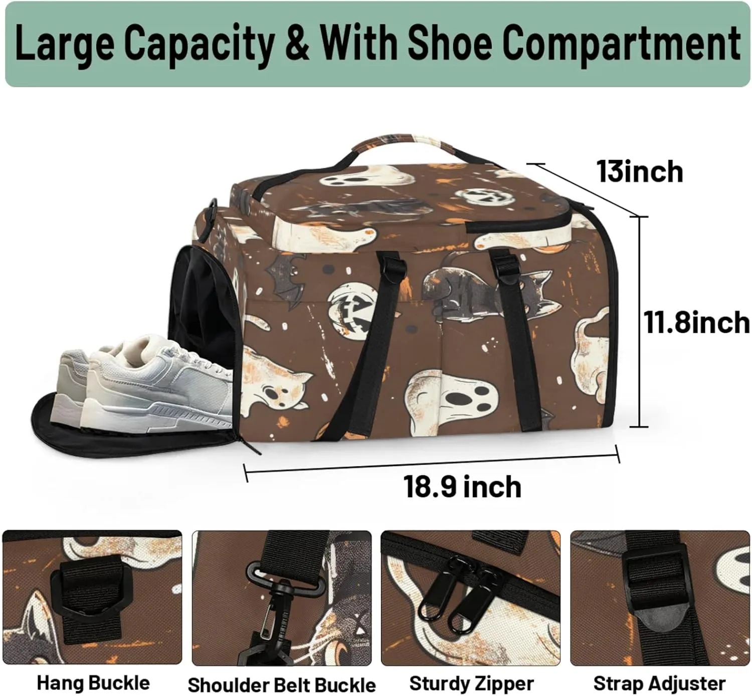 Tactical Sports Duffle Bag for Travel Waterproof Gym Bag with Shoe Compartment 48L Carry On Luggage for Men & Women 3-in-1 Durable Travel Luggage Cats Pumpkin Ghosts