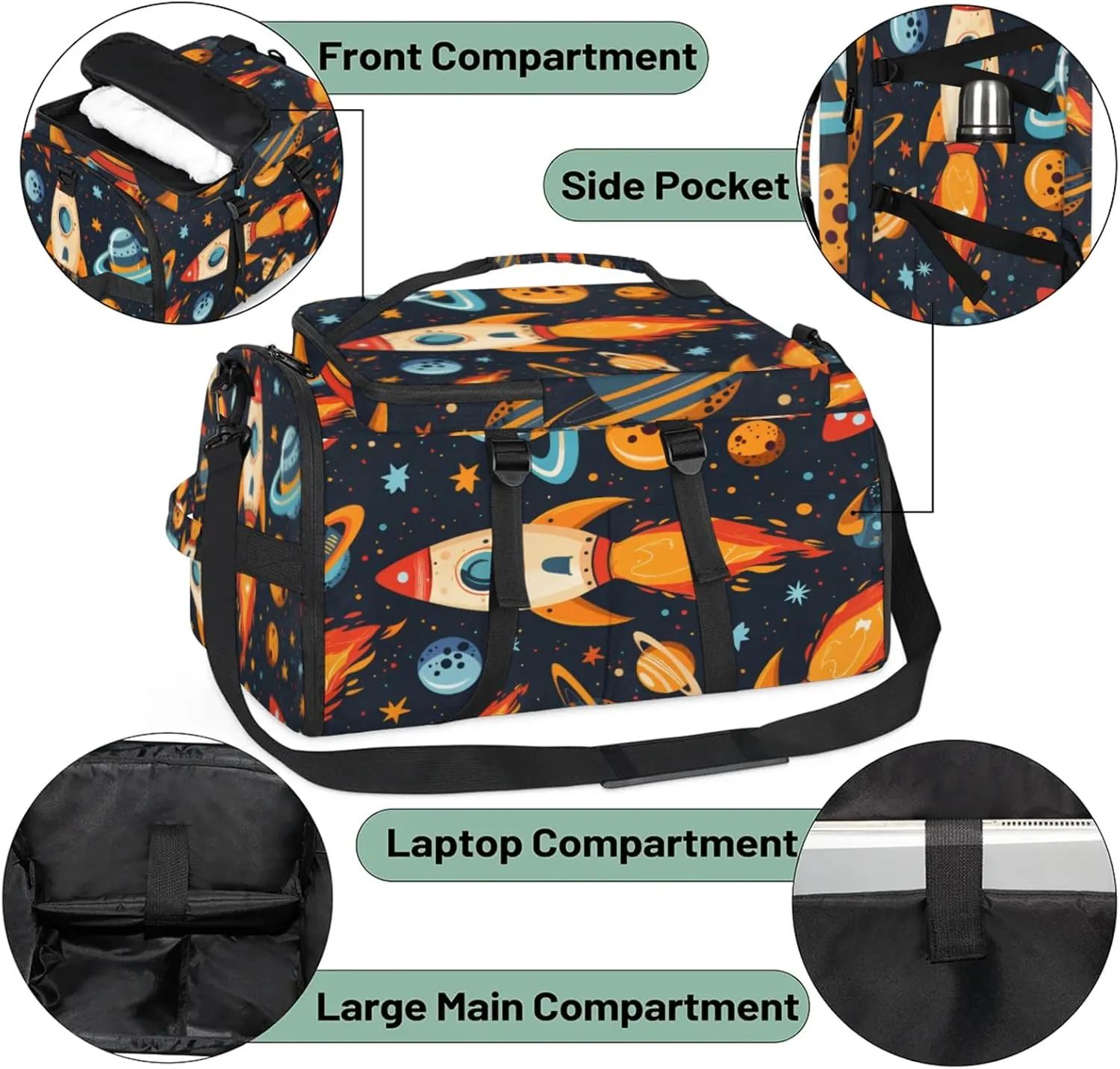 Tactical Sports Duffle Bag for Travel Waterproof Gym Bag with Shoe Compartment 48L Carry On Luggage for Men & Women 3-in-1 Durable Travel Luggage Space Rocket Launch