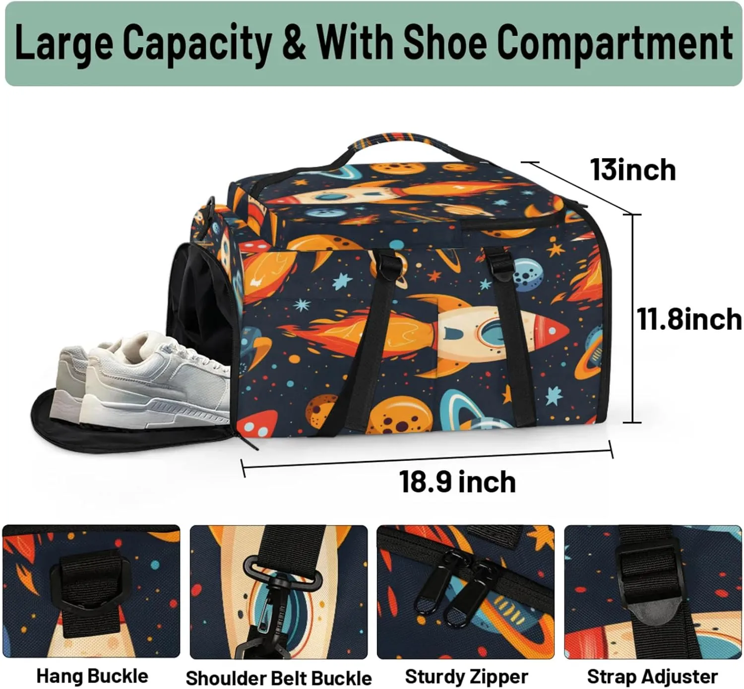 Tactical Sports Duffle Bag for Travel Waterproof Gym Bag with Shoe Compartment 48L Carry On Luggage for Men & Women 3-in-1 Durable Travel Luggage Space Rocket Launch