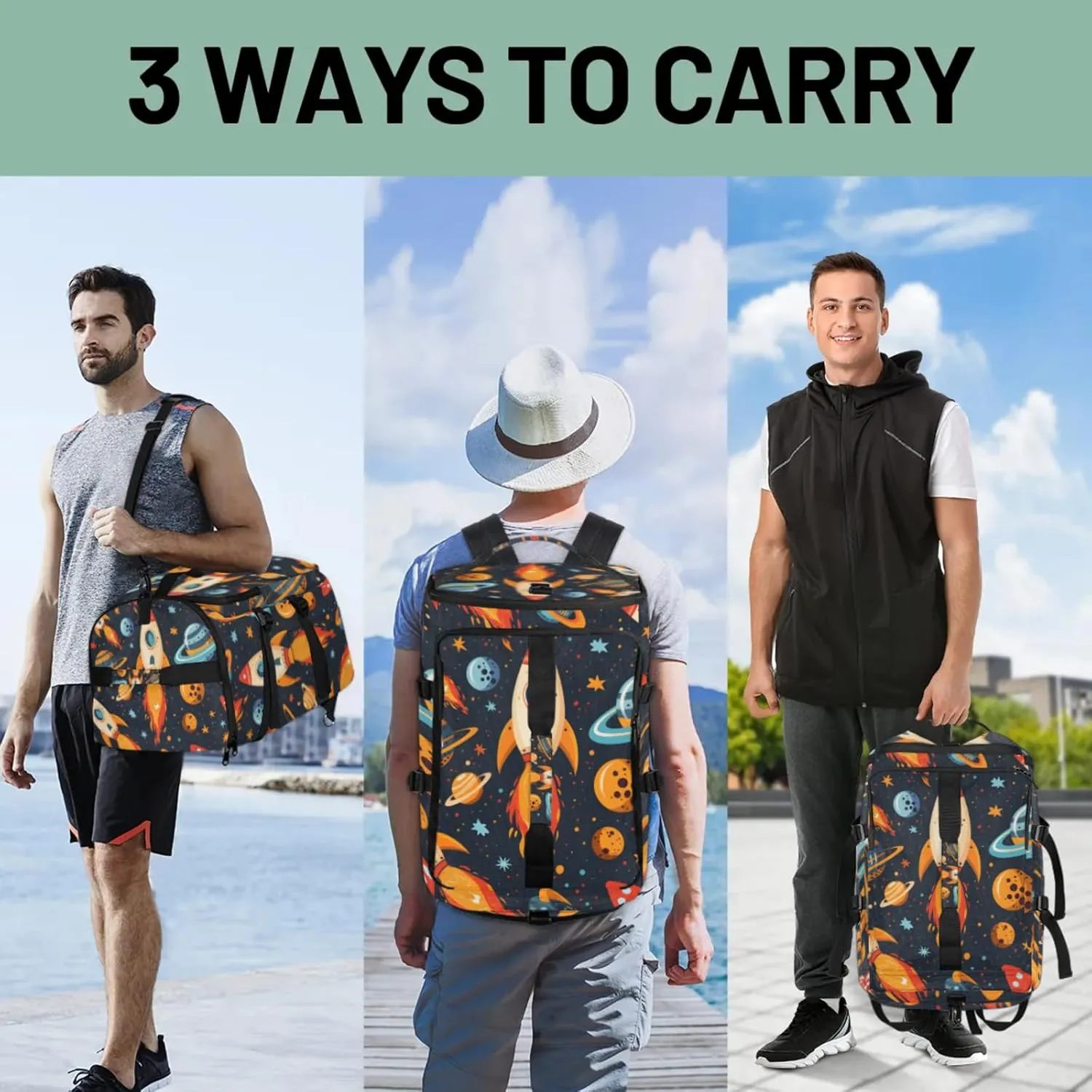 Tactical Sports Duffle Bag for Travel Waterproof Gym Bag with Shoe Compartment 48L Carry On Luggage for Men & Women 3-in-1 Durable Travel Luggage Space Rocket Launch