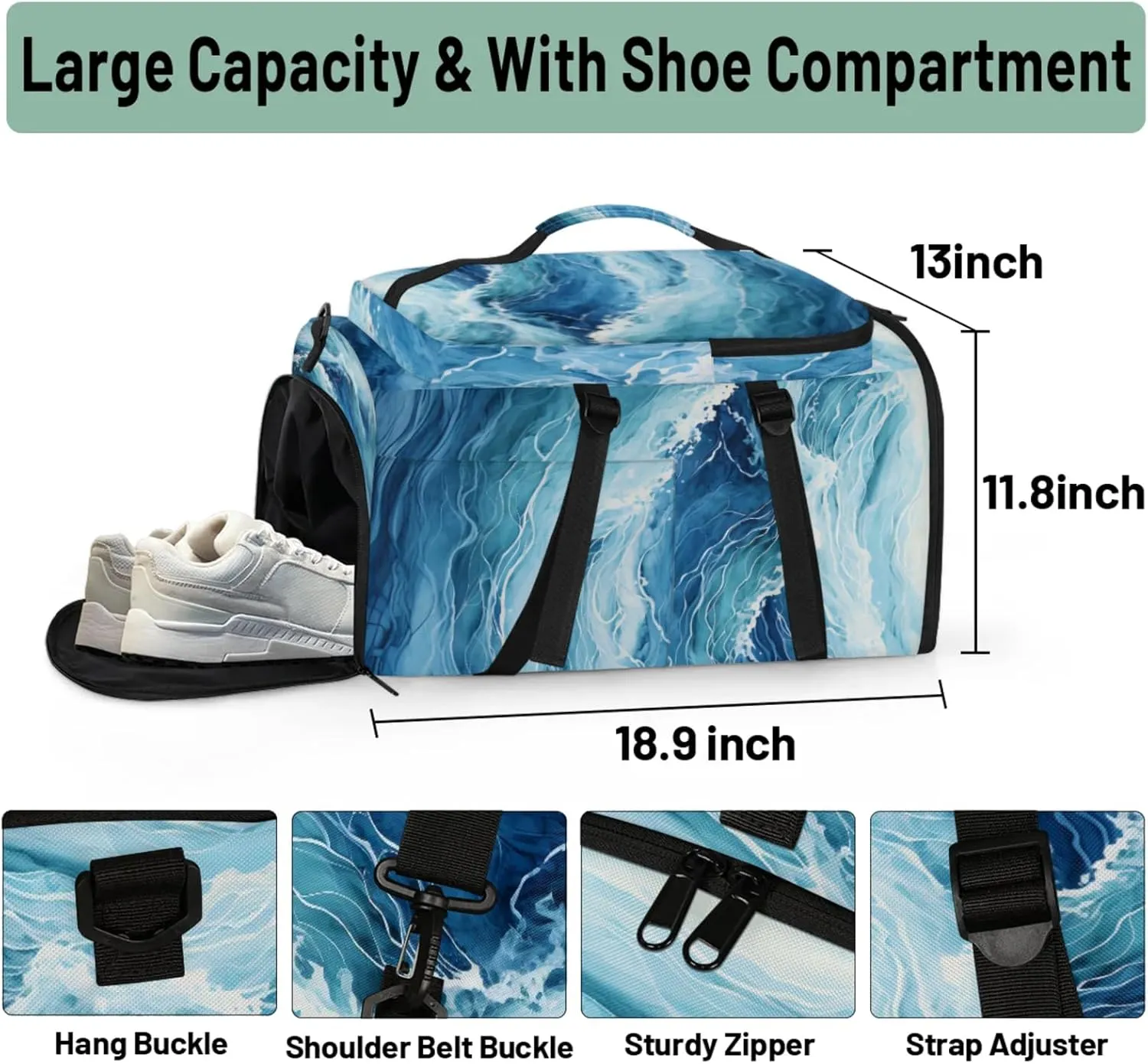 Tactical Sports Duffle Bag for Travel Waterproof Gym Bag with Shoe Compartment 48L Carry On Luggage for Men & Women 3-in-1 Durable Travel Luggage Waves Sea Turbulent