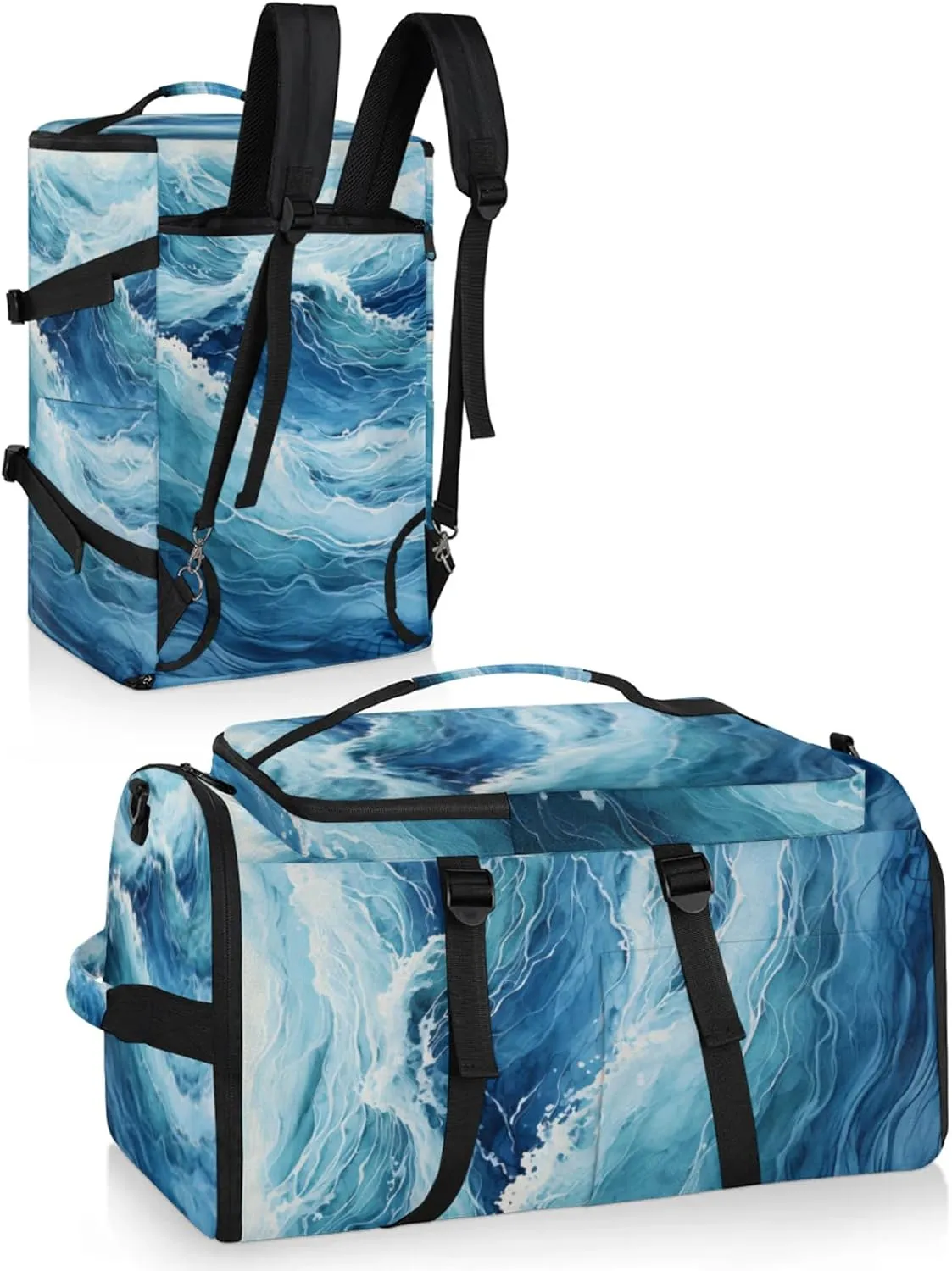 Tactical Sports Duffle Bag for Travel Waterproof Gym Bag with Shoe Compartment 48L Carry On Luggage for Men & Women 3-in-1 Durable Travel Luggage Waves Sea Turbulent