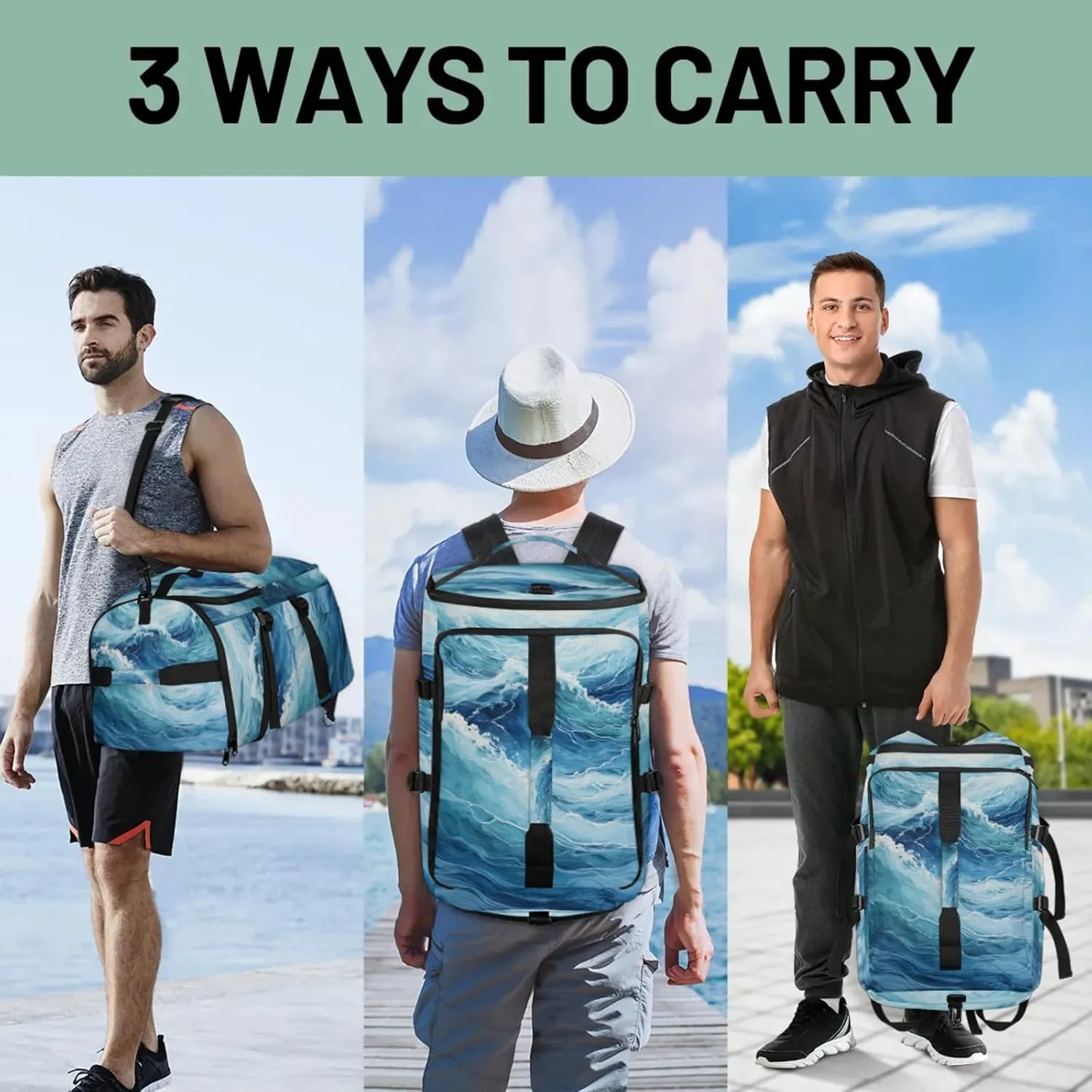 Tactical Sports Duffle Bag for Travel Waterproof Gym Bag with Shoe Compartment 48L Carry On Luggage for Men & Women 3-in-1 Durable Travel Luggage Waves Sea Turbulent