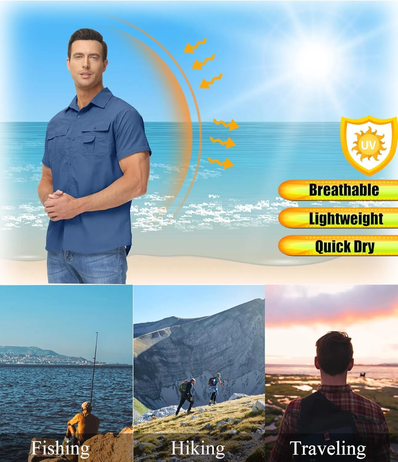 TACVASEN Men's Breathable Quick Dry Solid Convertible Long Sleeve Shirt Fishing Hiking Safari