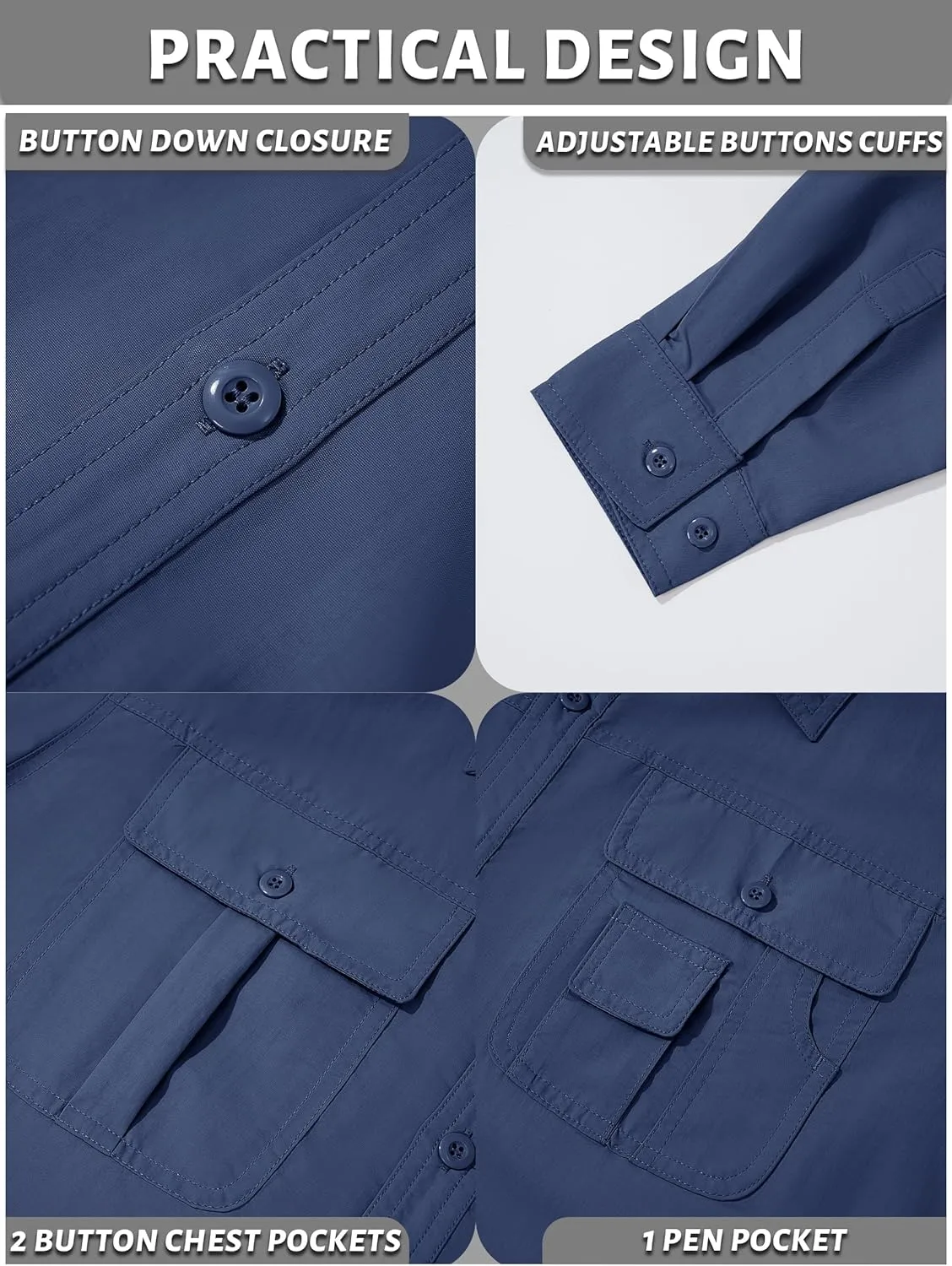 TACVASEN Men's Breathable Quick Dry Solid Convertible Long Sleeve Shirt Fishing Hiking Safari