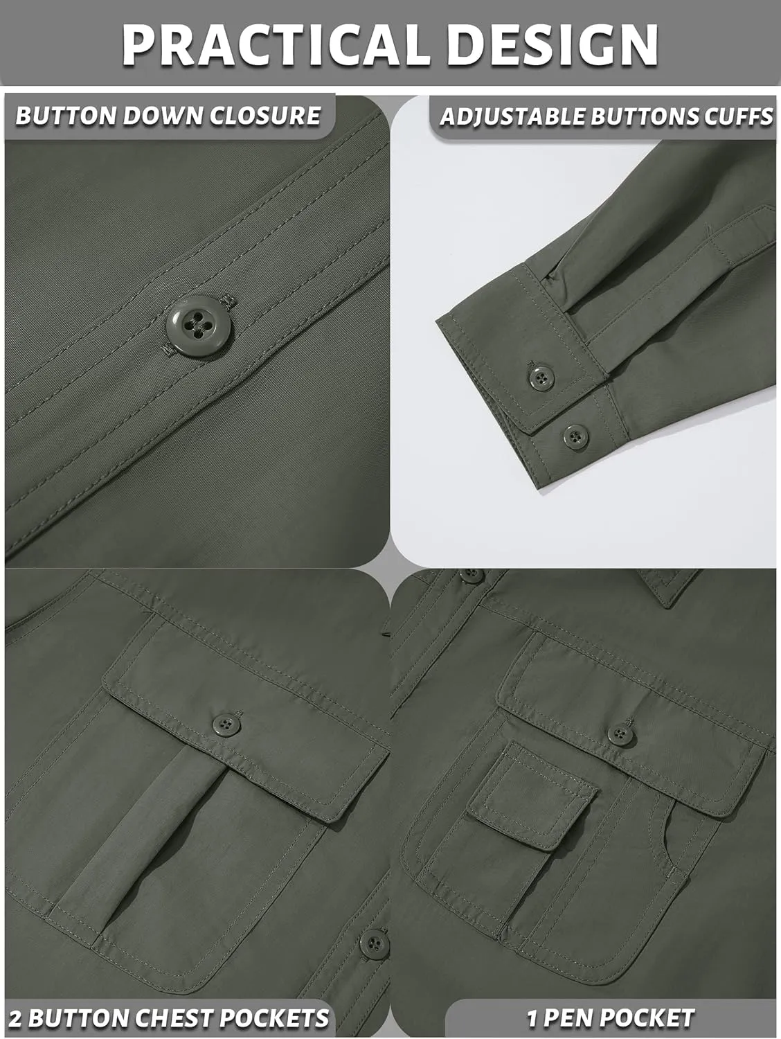 TACVASEN Men's Convertible Long Sleeve Fishing Shirts Quick Dry Button Up Tactical Shirts for Work Safari Hiking