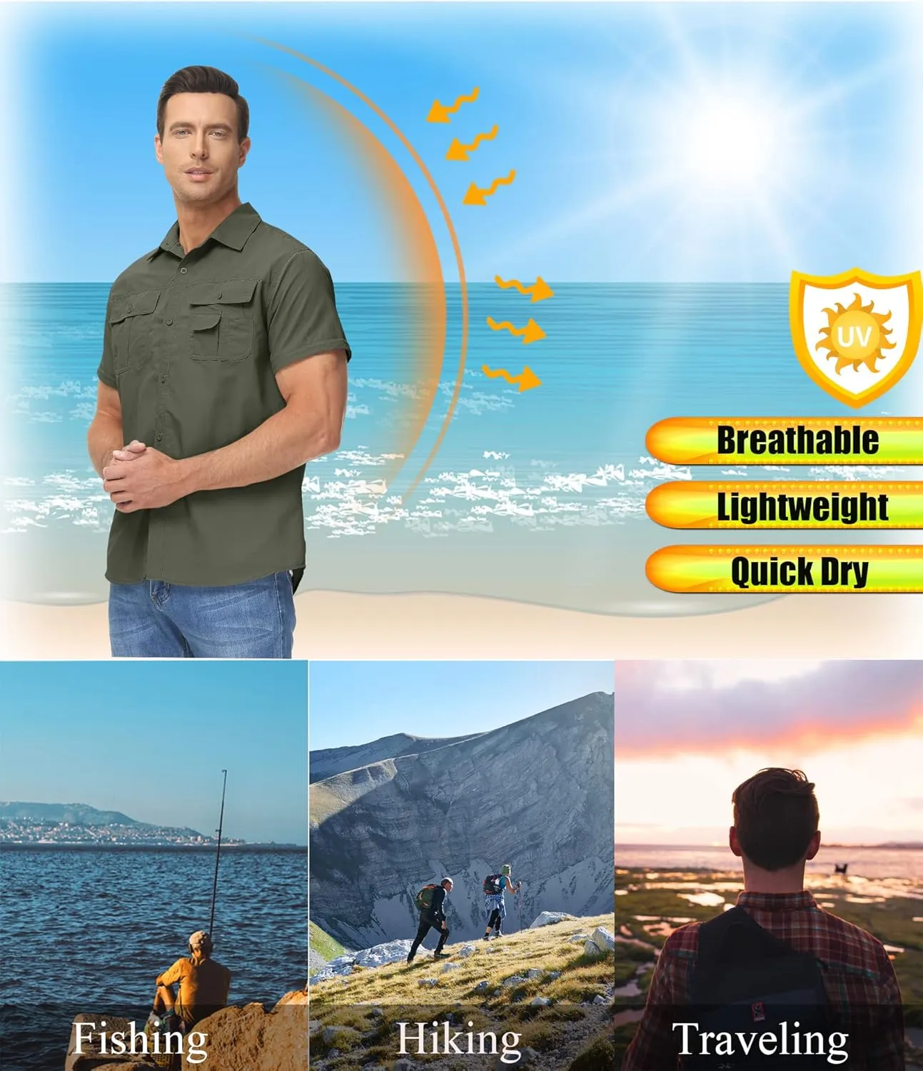 TACVASEN Men's Convertible Long Sleeve Fishing Shirts Quick Dry Button Up Tactical Shirts for Work Safari Hiking
