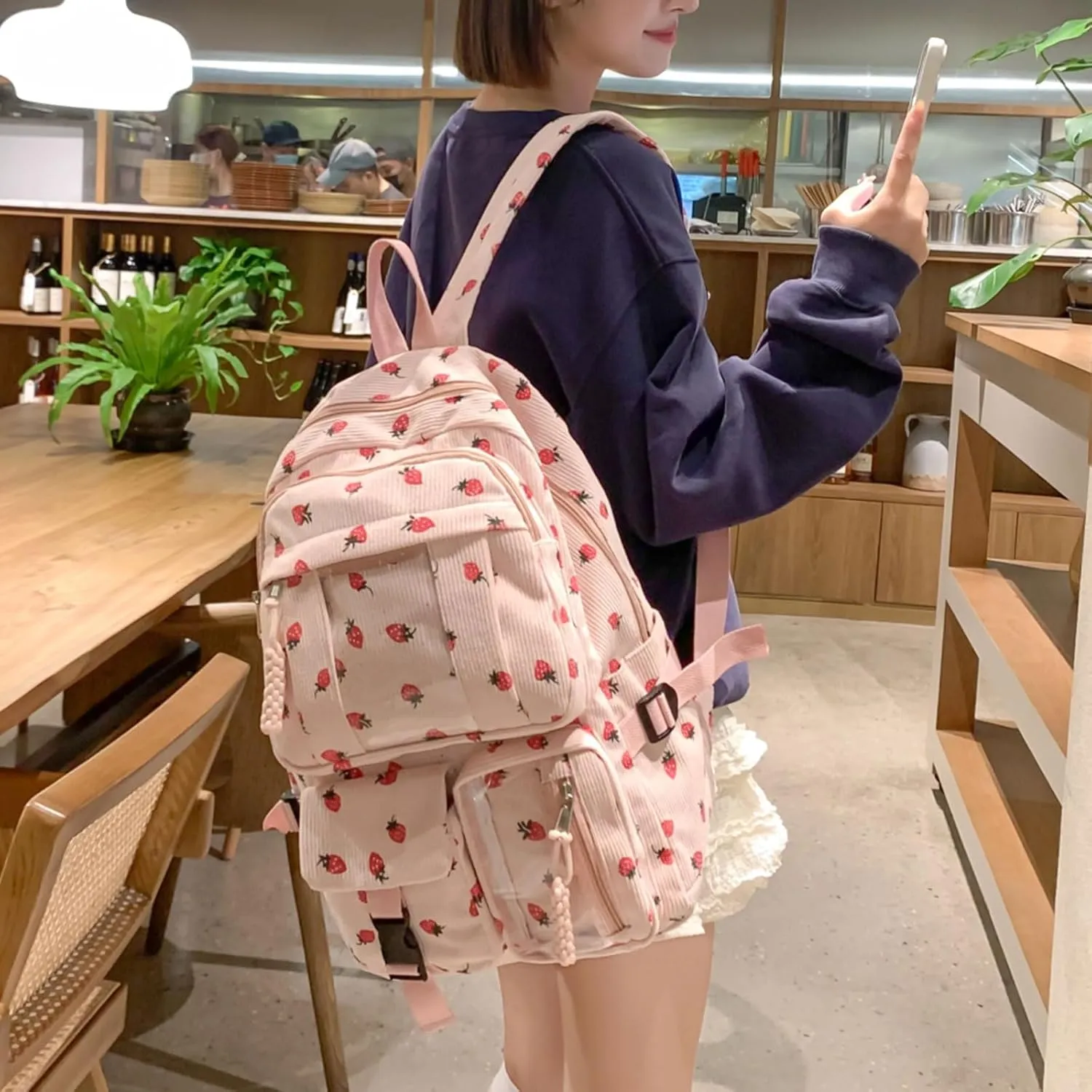 Teclado Kawaii Backpack Strawberry Pattern Casual Messenger Bag Corduroy Crossbody Bag Chic Shoulder Bag Travel Daypacks