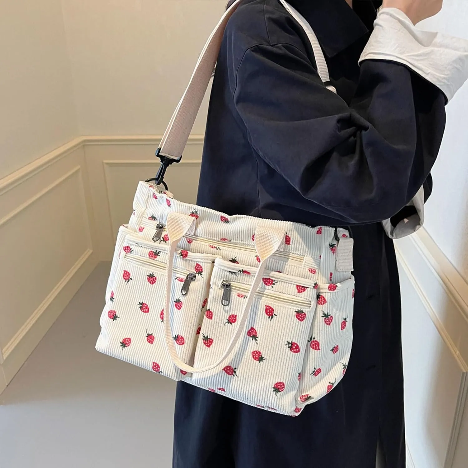 Teclado Kawaii Backpack Strawberry Pattern Casual Messenger Bag Corduroy Crossbody Bag Chic Shoulder Bag Travel Daypacks