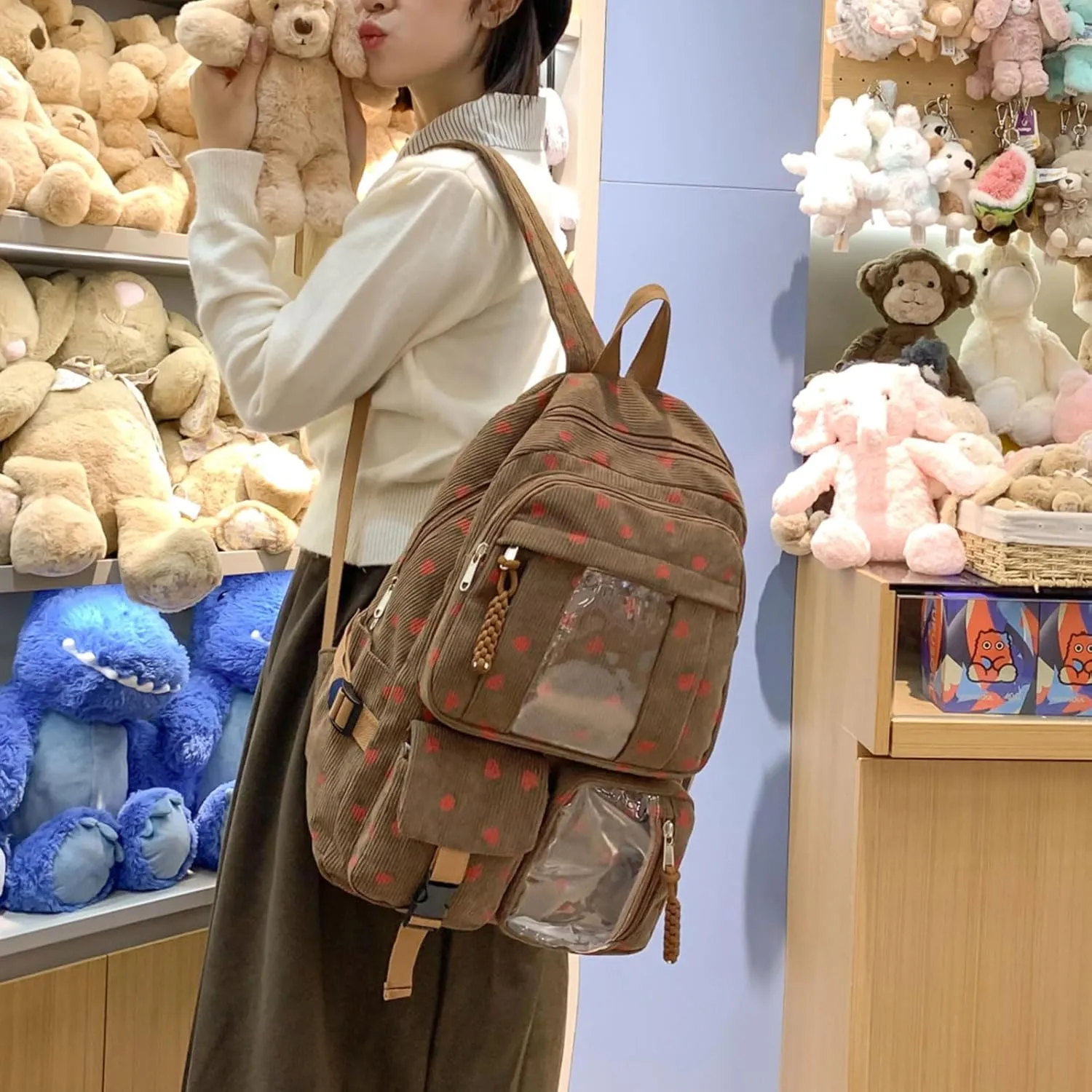 Teclado Kawaii Backpack Strawberry Pattern Casual Messenger Bag Corduroy Crossbody Bag Chic Shoulder Bag Travel Daypacks