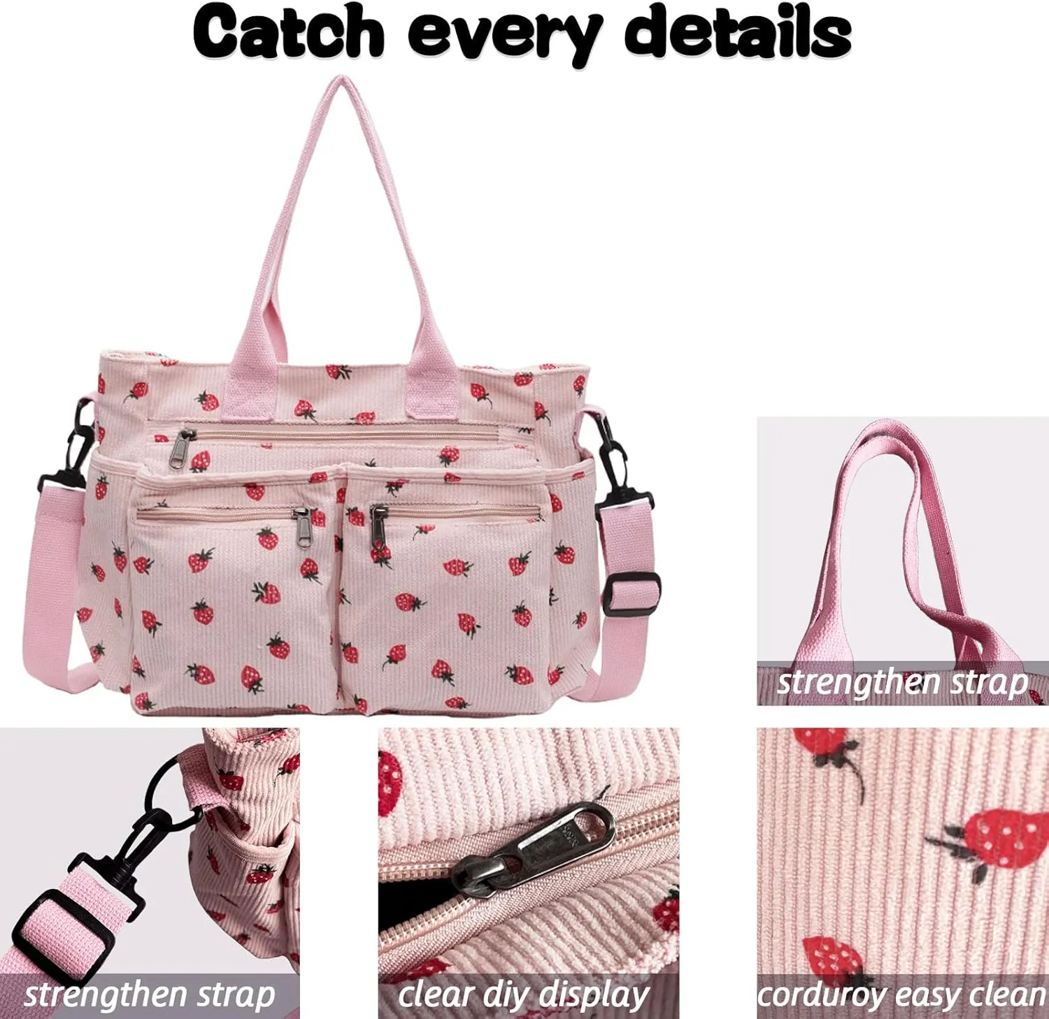 Teclado Kawaii Backpack Strawberry Pattern Casual Messenger Bag Corduroy Crossbody Bag Chic Shoulder Bag Travel Daypacks