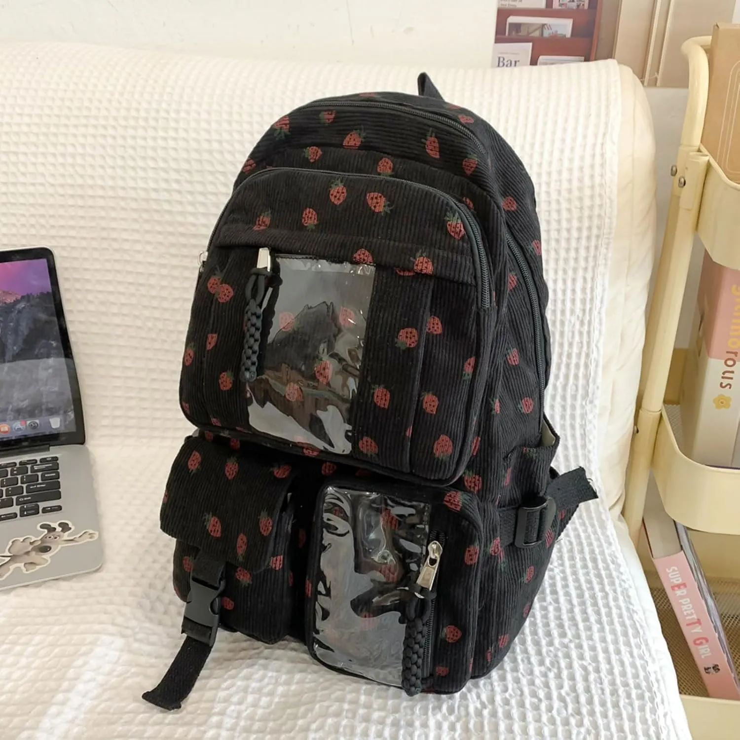 Teclado Kawaii Backpack Strawberry Pattern Casual Messenger Bag Corduroy Crossbody Bag Chic Shoulder Bag Travel Daypacks