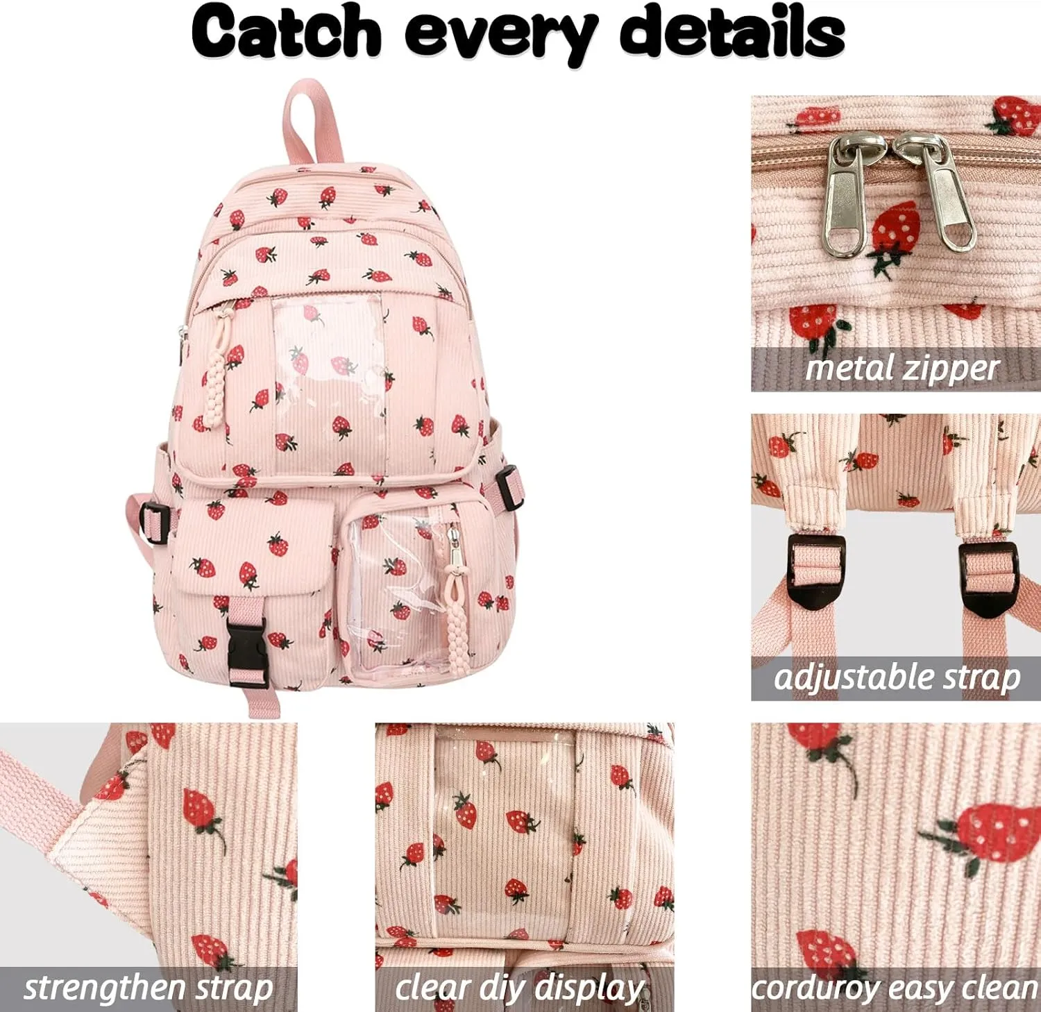 Teclado Kawaii Backpack Strawberry Pattern Casual Messenger Bag Corduroy Crossbody Bag Chic Shoulder Bag Travel Daypacks