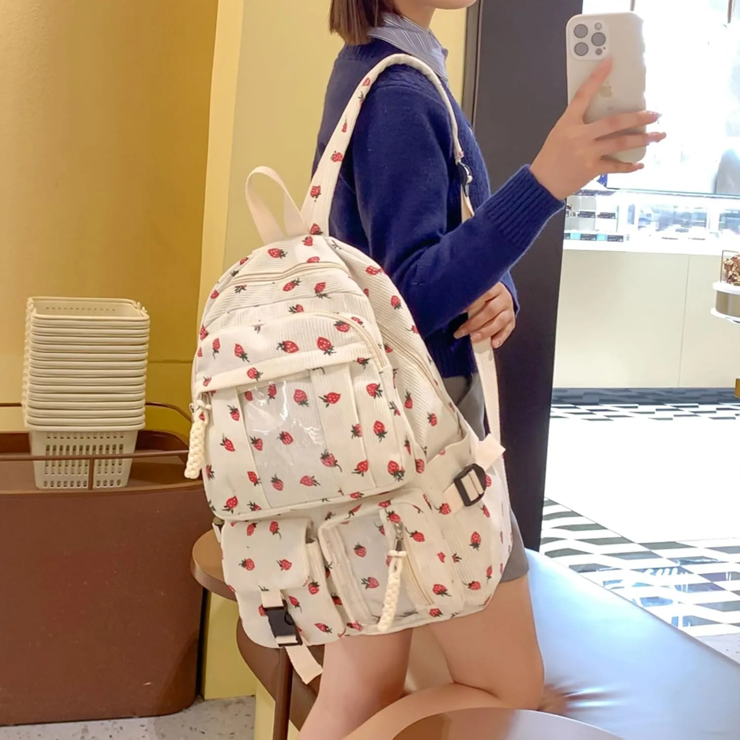 Teclado Kawaii Backpack Strawberry Pattern Casual Messenger Bag Corduroy Crossbody Bag Chic Shoulder Bag Travel Daypacks