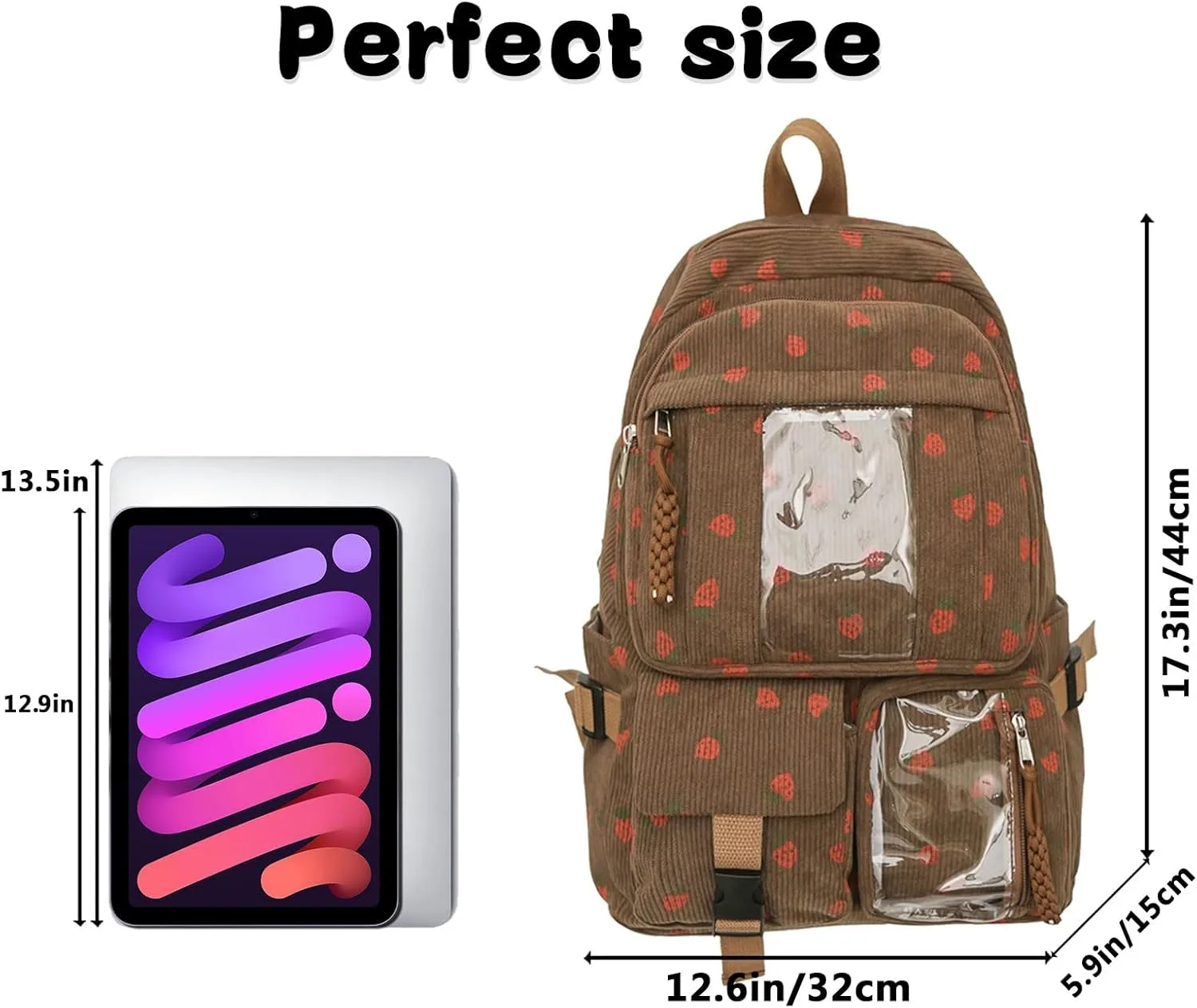 Teclado Kawaii Backpack Strawberry Pattern Casual Messenger Bag Corduroy Crossbody Bag Chic Shoulder Bag Travel Daypacks
