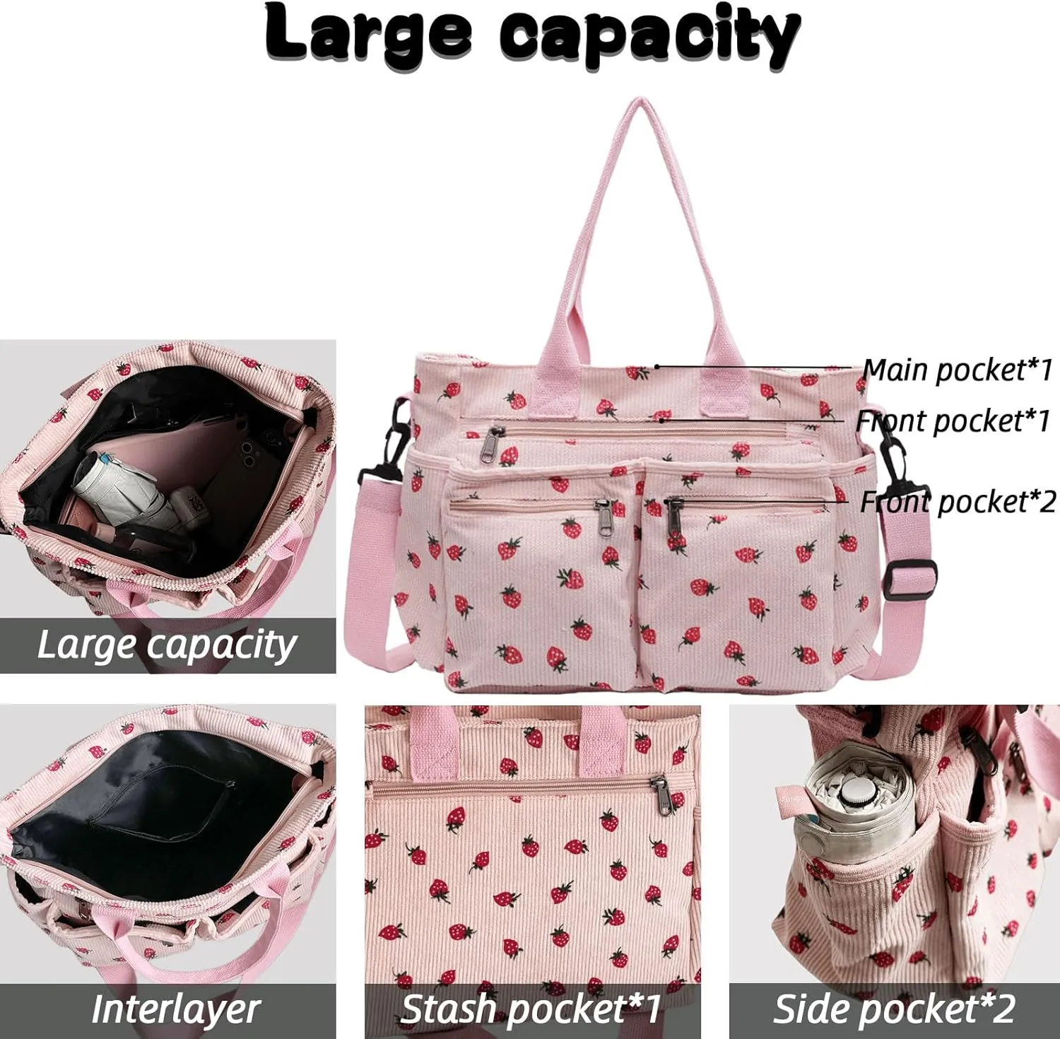 Teclado Kawaii Backpack Strawberry Pattern Casual Messenger Bag Corduroy Crossbody Bag Chic Shoulder Bag Travel Daypacks