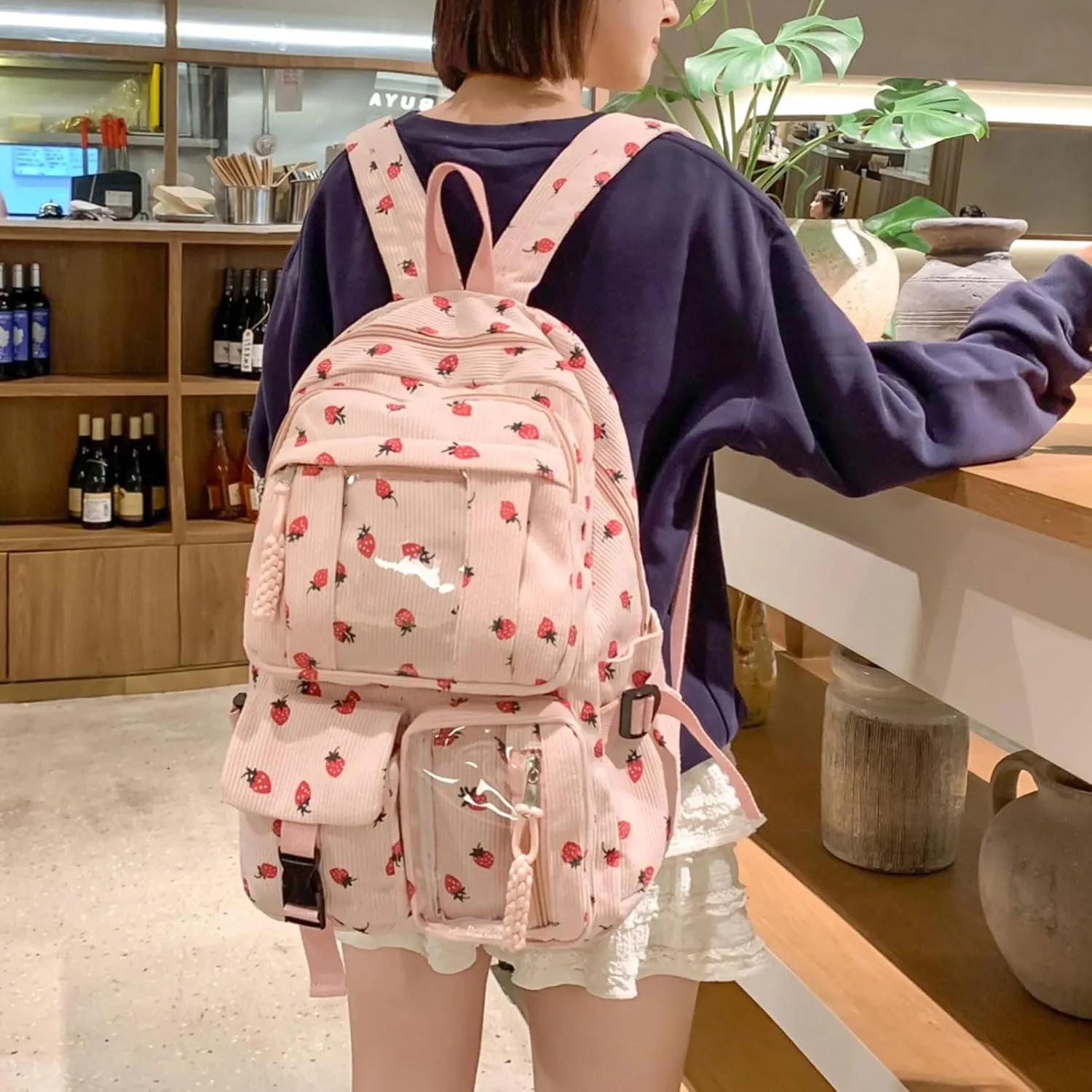 Teclado Kawaii Backpack Strawberry Pattern Casual Messenger Bag Corduroy Crossbody Bag Chic Shoulder Bag Travel Daypacks