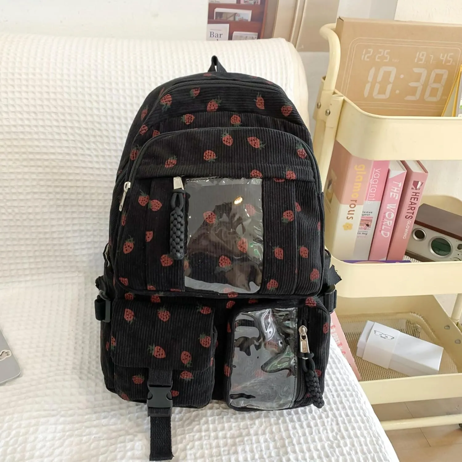 Teclado Kawaii Backpack Strawberry Pattern Casual Messenger Bag Corduroy Crossbody Bag Chic Shoulder Bag Travel Daypacks