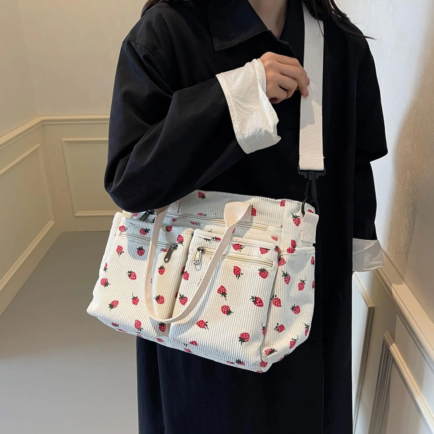 Teclado Kawaii Backpack Strawberry Pattern Casual Messenger Bag Corduroy Crossbody Bag Chic Shoulder Bag Travel Daypacks