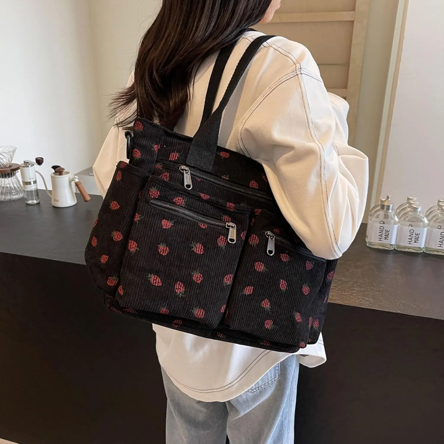 Teclado Kawaii Backpack Strawberry Pattern Casual Messenger Bag Corduroy Crossbody Bag Chic Shoulder Bag Travel Daypacks