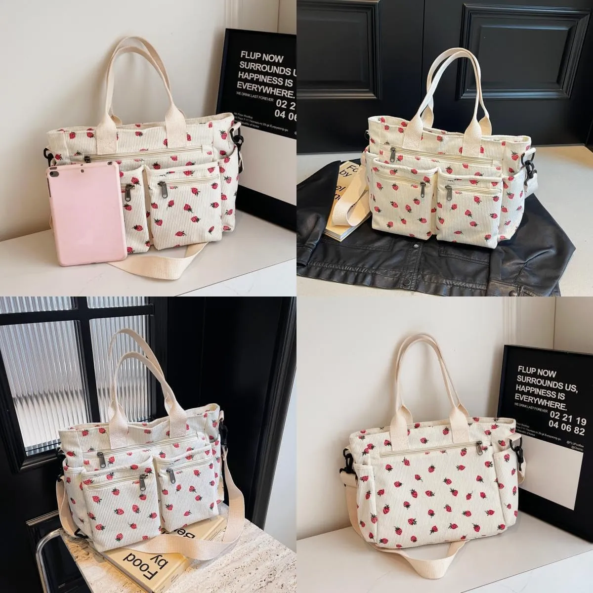 Teclado Kawaii Backpack Strawberry Pattern Casual Messenger Bag Corduroy Crossbody Bag Chic Shoulder Bag Travel Daypacks