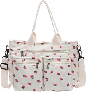 Teclado Kawaii Backpack Strawberry Pattern Casual Messenger Bag Corduroy Crossbody Bag Chic Shoulder Bag Travel Daypacks