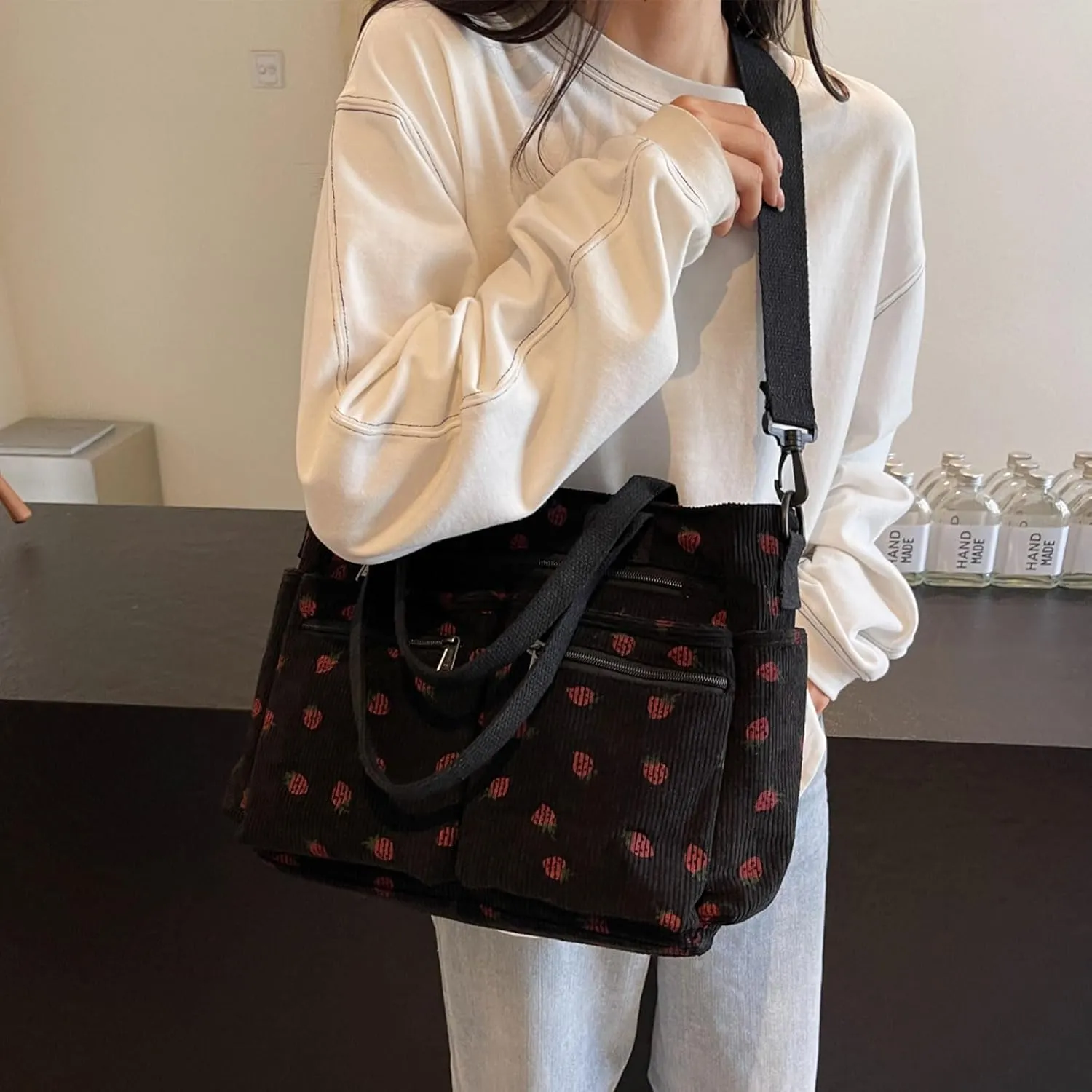 Teclado Kawaii Backpack Strawberry Pattern Casual Messenger Bag Corduroy Crossbody Bag Chic Shoulder Bag Travel Daypacks