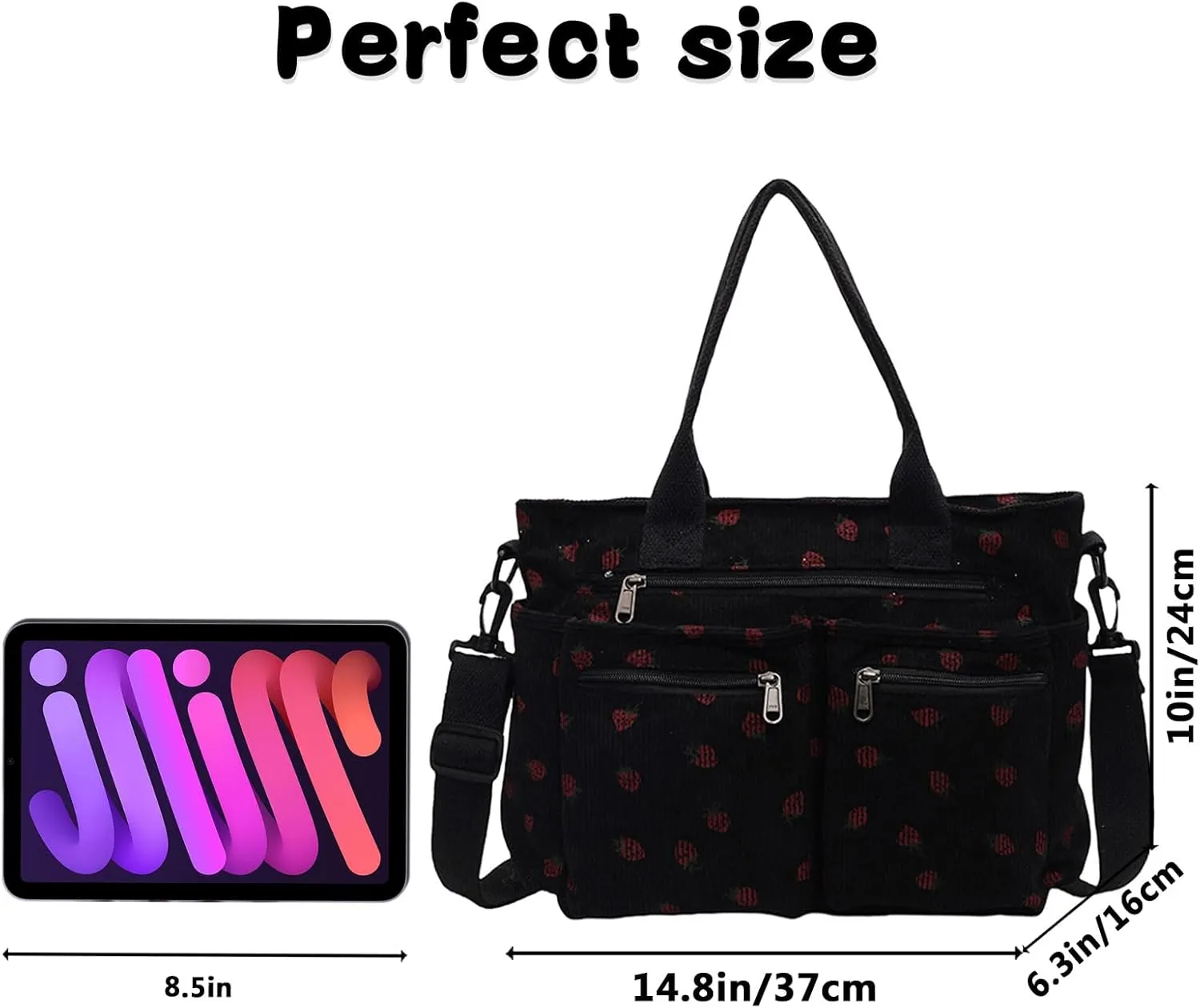 Teclado Kawaii Backpack Strawberry Pattern Casual Messenger Bag Corduroy Crossbody Bag Chic Shoulder Bag Travel Daypacks