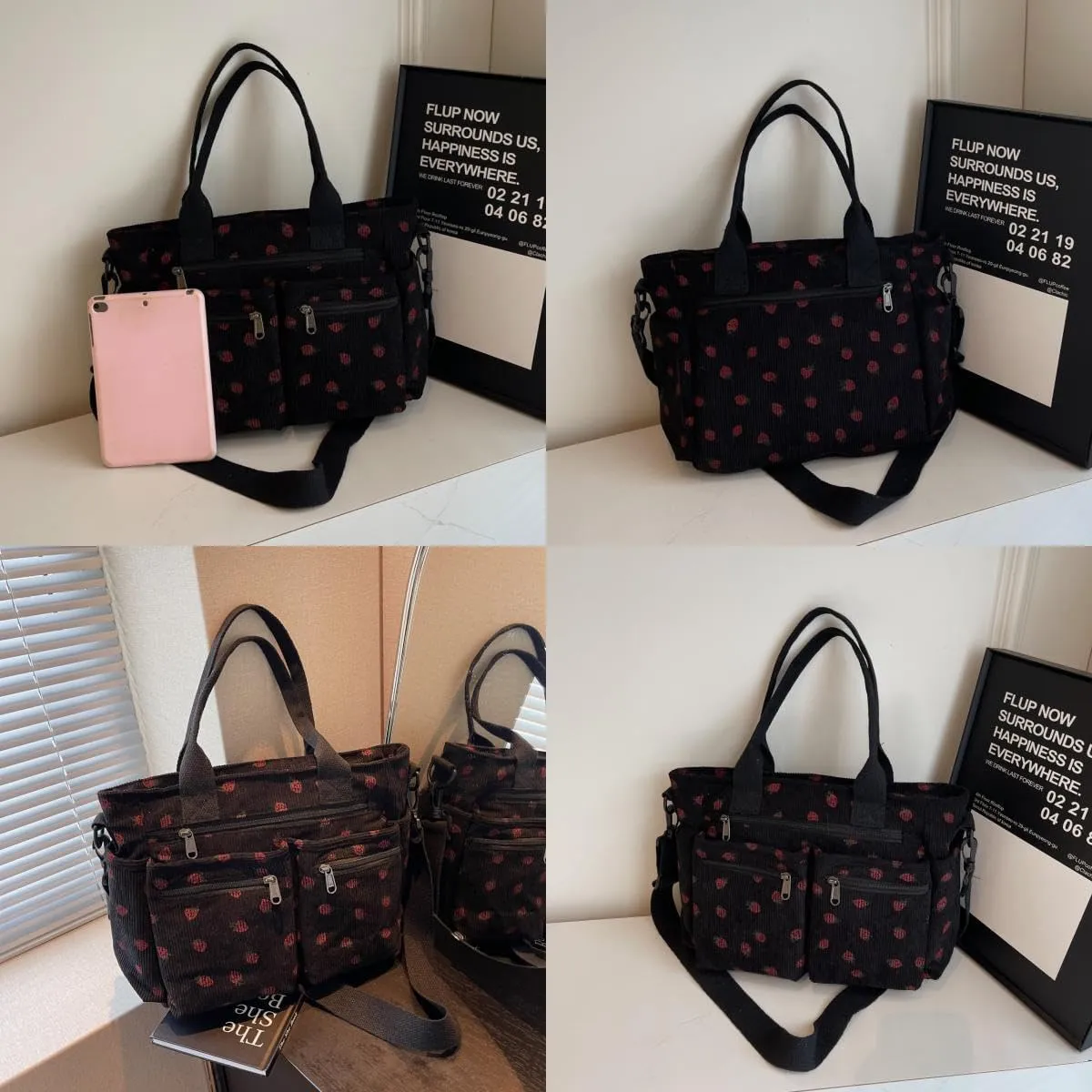 Teclado Kawaii Backpack Strawberry Pattern Casual Messenger Bag Corduroy Crossbody Bag Chic Shoulder Bag Travel Daypacks