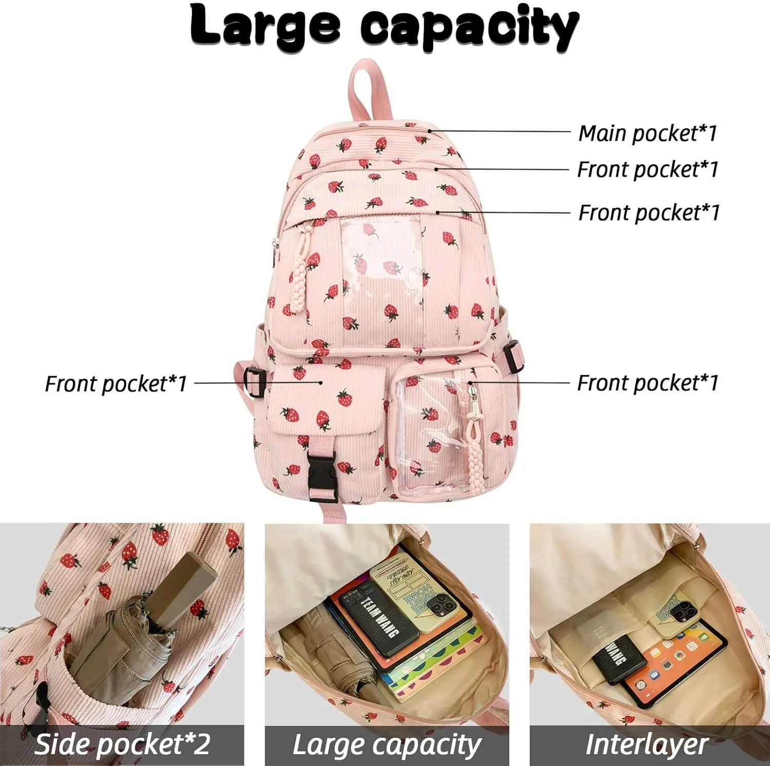 Teclado Kawaii Backpack Strawberry Pattern Casual Messenger Bag Corduroy Crossbody Bag Chic Shoulder Bag Travel Daypacks