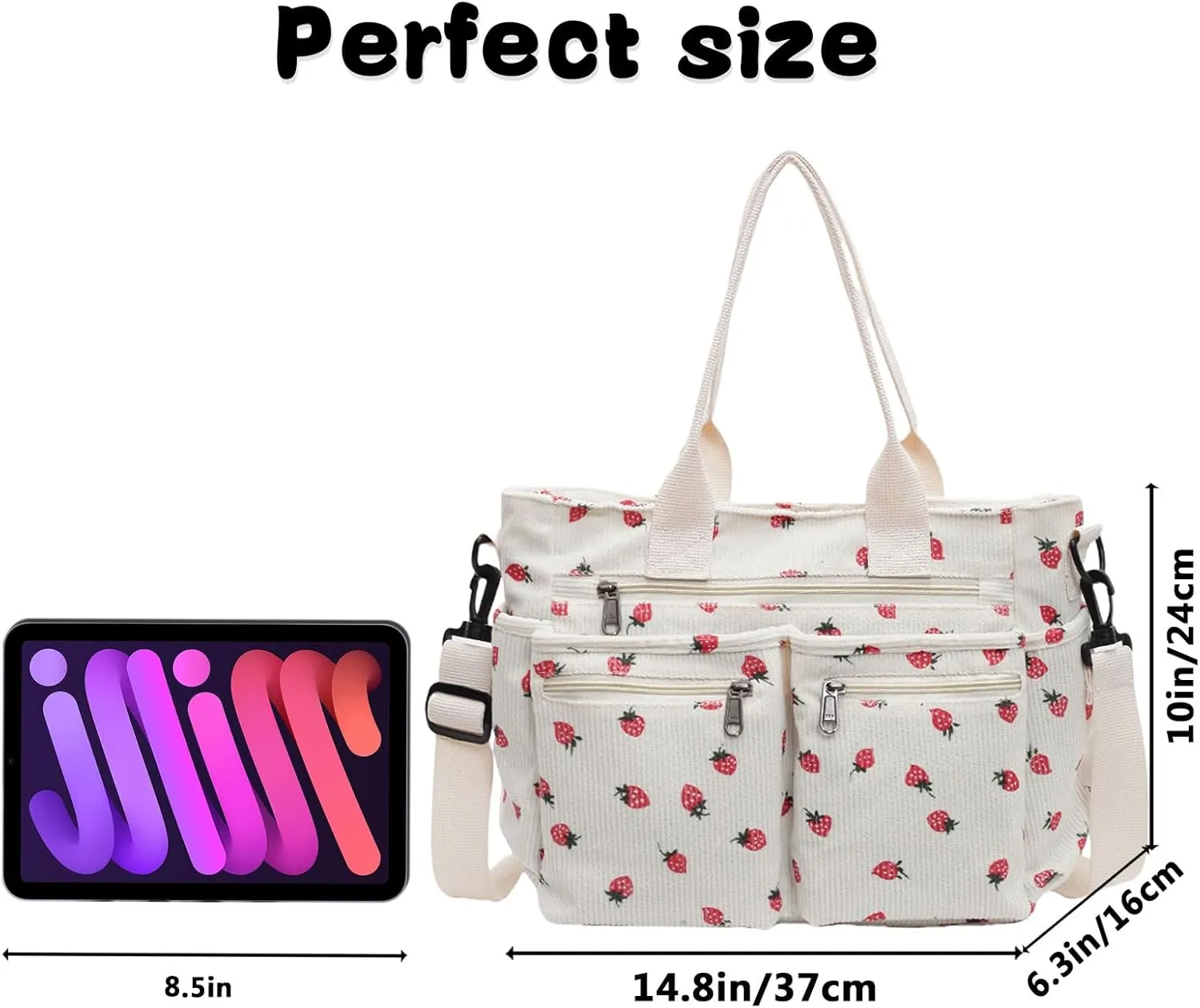 Teclado Kawaii Backpack Strawberry Pattern Casual Messenger Bag Corduroy Crossbody Bag Chic Shoulder Bag Travel Daypacks