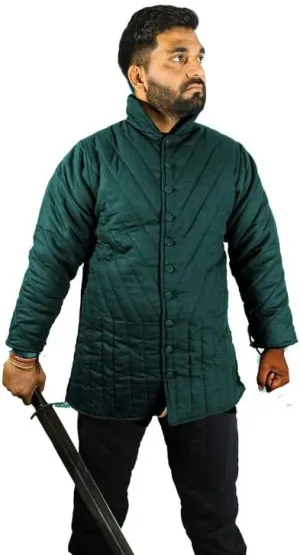 THE MEDIEVALS Medieval Thick Padded Half Length Full Sleeves Gambeson Coat with Lagging Aketon Armor, Cotton Fabric