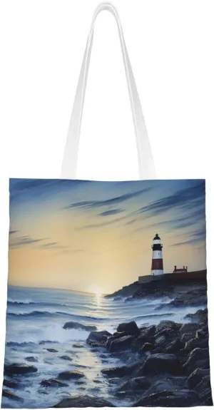 The Seaside Lighthouse Canvas Tote Bag for Women Grocery Bag Reusable Aesthetic Shopping Bags Beach Handbag