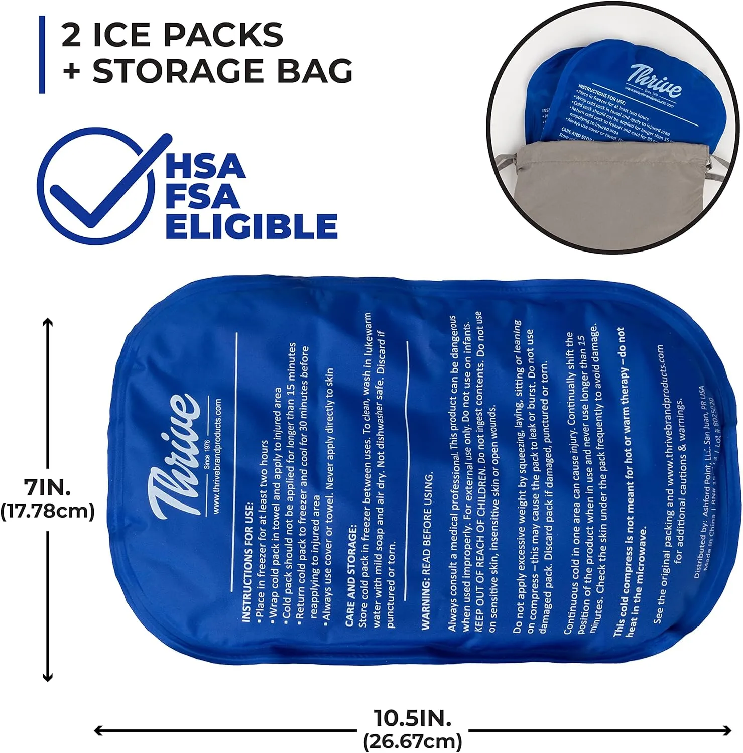 Thrive Large Reusable Gel Ice Packs for Injuries - Pack of 2 Knee, Shoulder, Ankle, Wrist, Neck & Back Pain Relief - FSA HSA Eligible - Dark Blue
