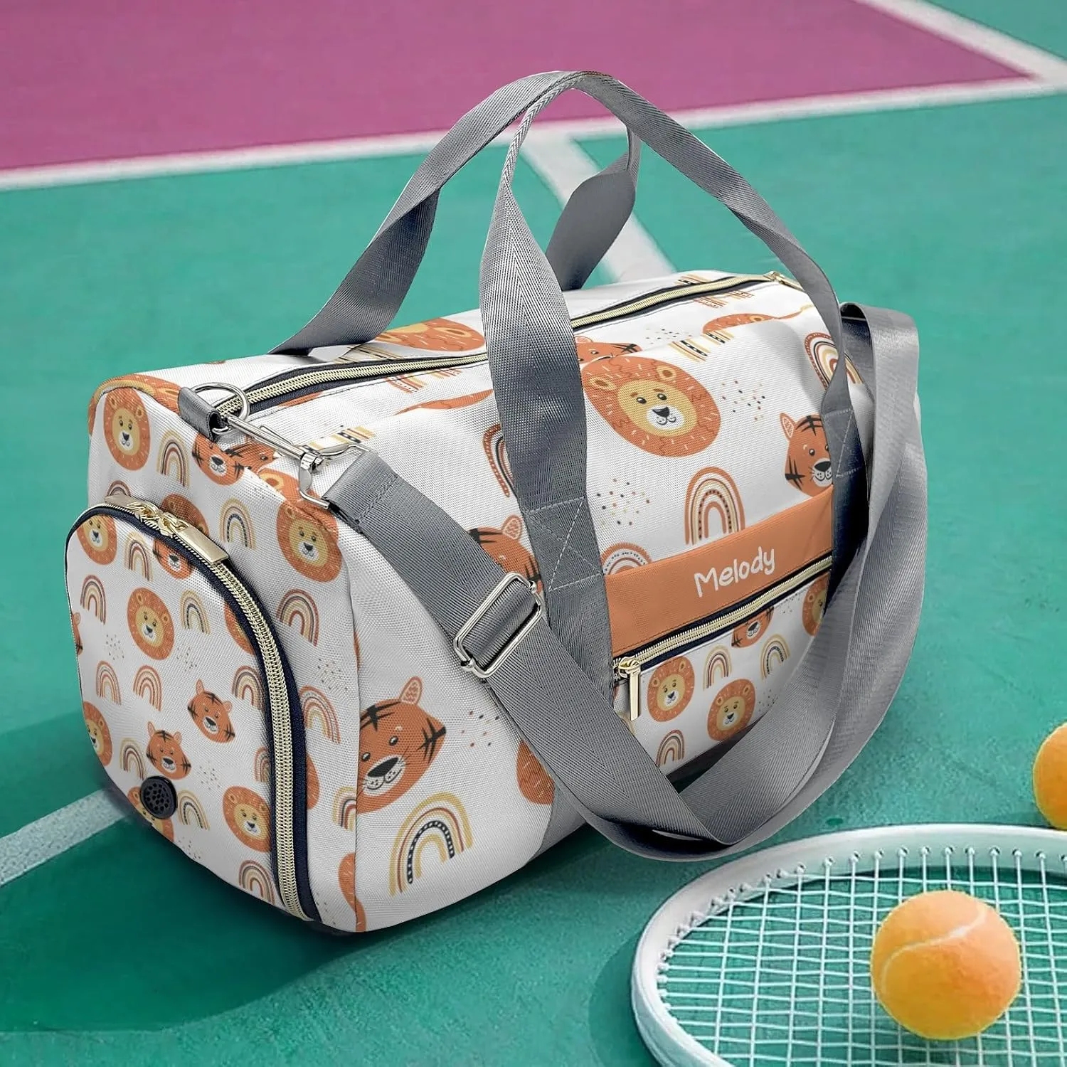Tiger Lion and Rainbows Personalized Duffel Bag,Custom Travel Gym Bag with Name,Waterproof Sports Overnight Bag with Shoe Compartment & Shoulder Strap