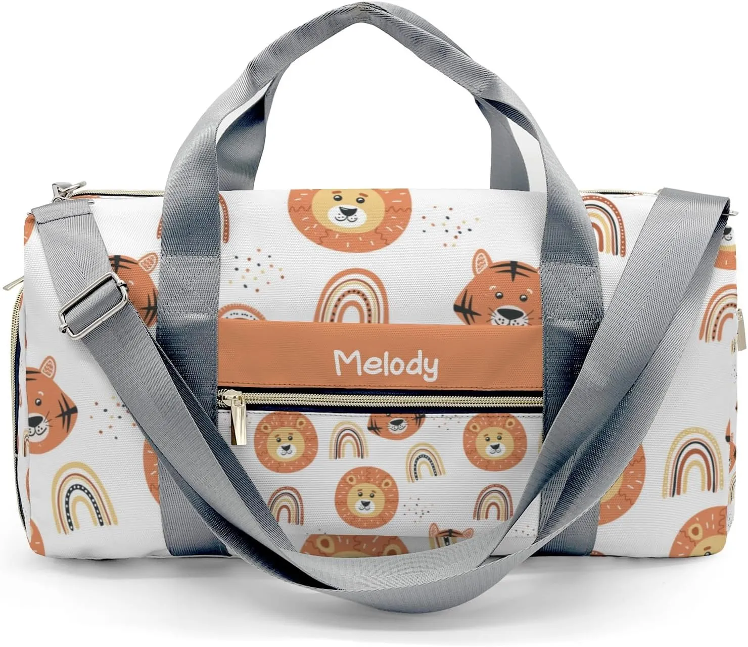 Tiger Lion and Rainbows Personalized Duffel Bag,Custom Travel Gym Bag with Name,Waterproof Sports Overnight Bag with Shoe Compartment & Shoulder Strap